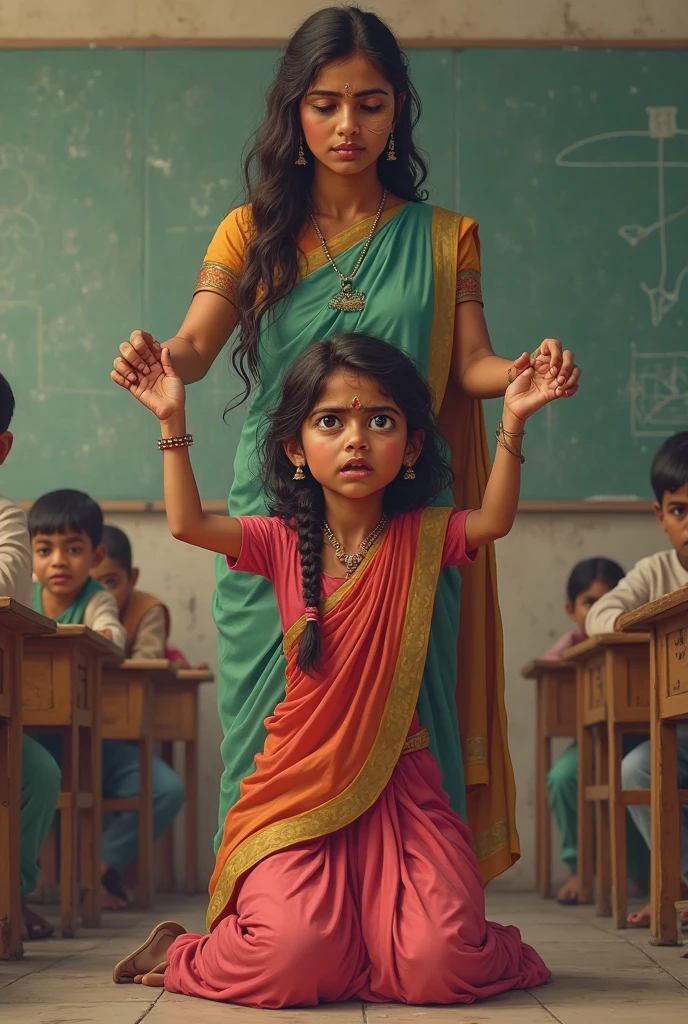 2
A first class girl.
It's her first day of school.
Crying a lot because I want to go home.
Her left hand is held by the madam as she runs out of the classroom.
With her right hand she held the lines of madam's saree