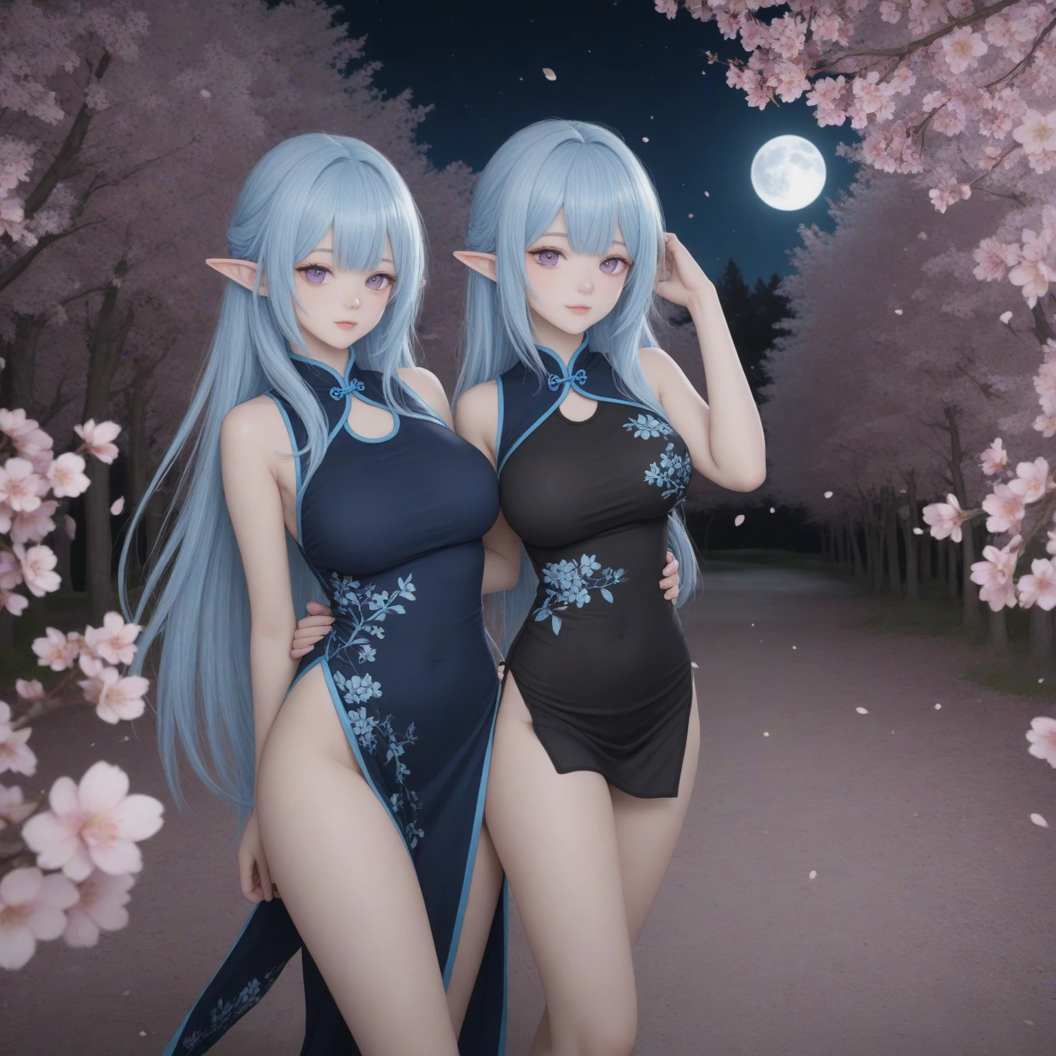 1girl!!!, very long bob hair with bangs, light blue hair, very small breasts, small size, blue eyes, fair skin, fat sex, serious face, nude, full body, night, moon, frozen lake, mountain behind, very sexy body, detailed face, highly detailed, 8k, best quality, masterpiece, vibrant colors, digital art, concept art