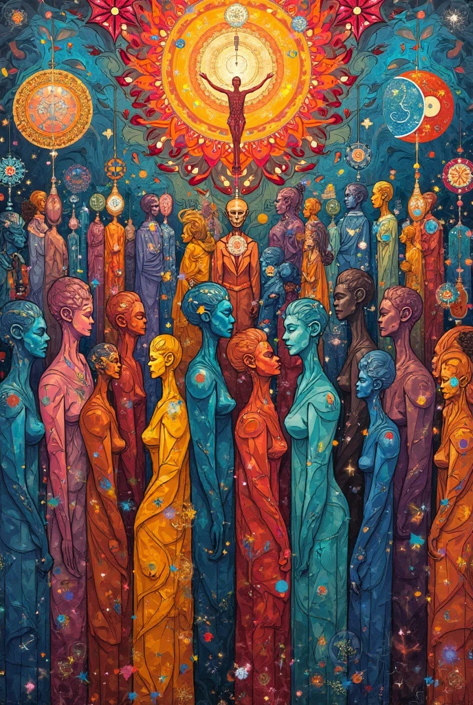 Create a woodcut style image digital art surreal art that depicts a mystical figure with divine characteristics, the figure is one chosen by the gods of spirituality,energy leaving your body, Use a vibrant color palette, including blue, oranges and whites, to create heavenly contrast and a stunning visual effect