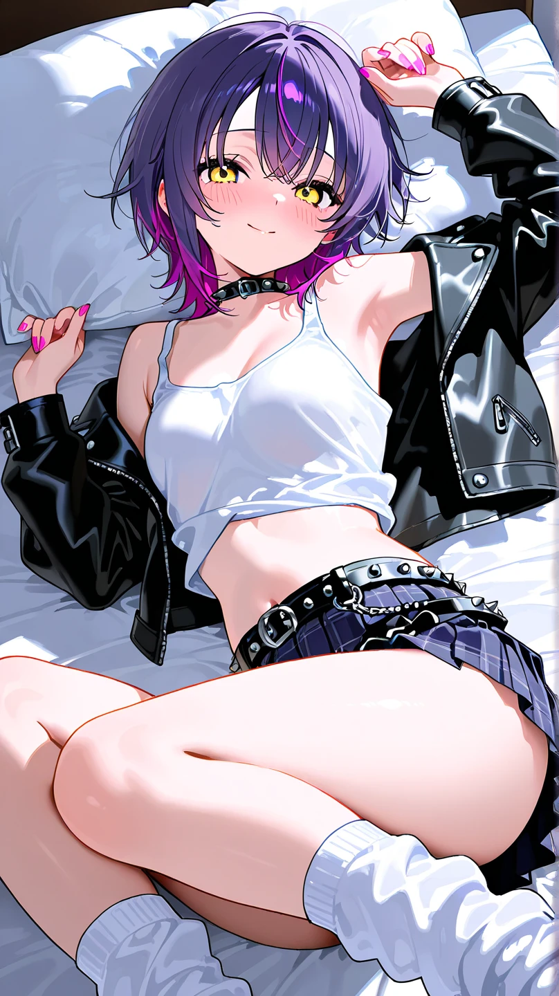 (nonsense, 8k, 4k, Masterpiece, Hyper Extreme is very detailed.:1.2), alone, 1 girl 1 boy, front view, perfect face, 1 girl, Portrait, expressive eyes, alone, Lie down on the floor., female, perfect hand, Pale skin, Friendly, excited, punk rock, long hair, colorful hair, black choker, Black Lipstick, penetration, Ear penetration, Lip penetration, Nose penetration, small breasts, smile, Street clothes, full body, perfect anatomy, graphic t-shirts, Anatomically correct, cowboy shoot, no background, blank background, white background, bare shoulders, nsfw , horny , pussy , open wide zip denim shorts , wide leg m pose spread,nipple, hand raise up,have sex