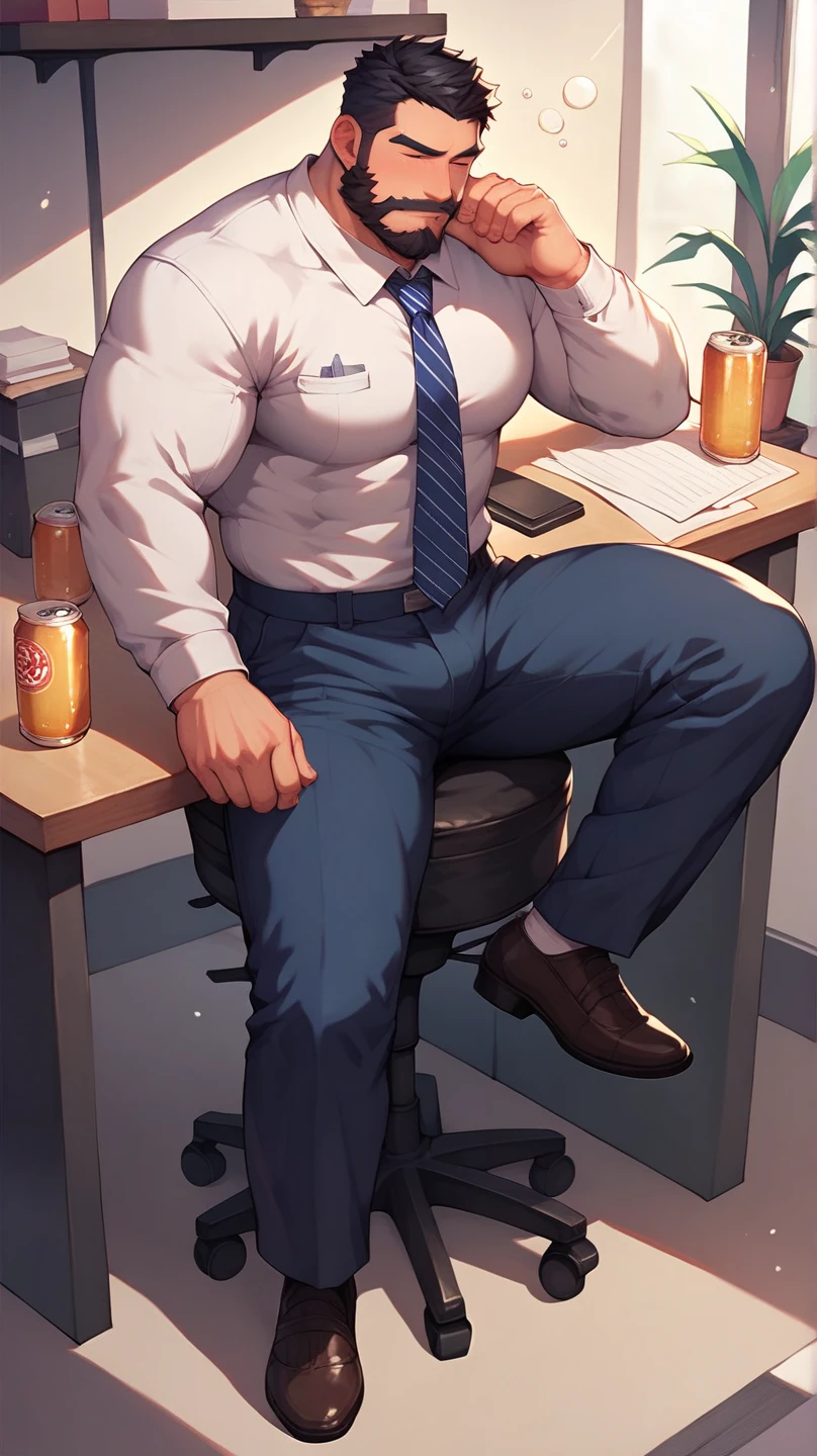best quality, masterpiece, super high resolution, realism, illustrations, single, 1 boy, muscle, volumetric lighting, facial hair,on couch, own hands together, ryu, black clothes, black socks,