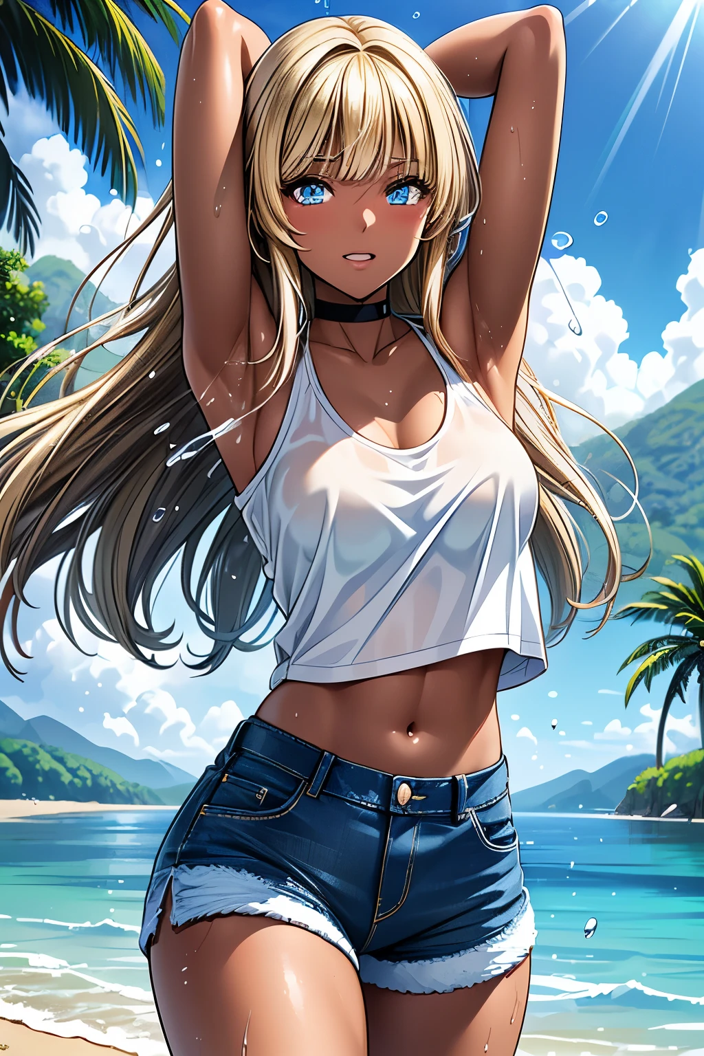 (8K、Highest quality、Highest quality、masterpiece)、Detailed face、One Girl、Spread legs、Spread Legs、(Brown Skin:1.2)、Long Hair、Blue Eyes、Sweat、Grin、(White tank top、Denim hot shorts、Mini Shorts、Cameltoe)、Cameltoe、Beach、cloud、pussy line、between labia, partially visible vulva
belly button、Big Breasts、
