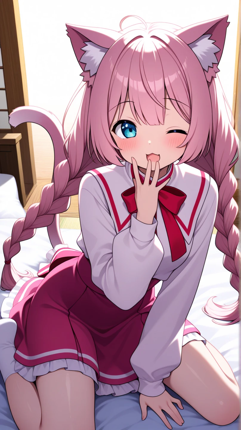 long light blue fur,deep red pink eyes,Hair up with two pink scrunchies.,Short double ponytail,Qi bangs,There are two long hair curtains on both sides.,Wearing a white sailor uniform.,Short skirt,Raise your bangs with hairpins,The sleeves are long,Fresh environment,warm color palette,The eyes have God.,to emphasize,Masterpiece,rubor rubor cuerpo completo Short skirt tableada medias largas blancas