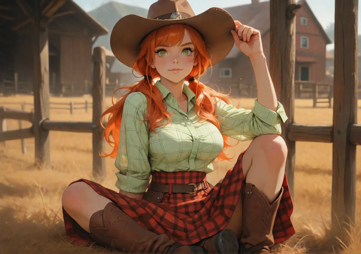 (1 girl, solo, (girl is touching a cute pig)) (girl is wearing a bikini, hat, boots, shorts, (she is wearing a cow bell choker):1.1, ( redhead long hair), detailed olive eyes ), (field), (detail):1.1