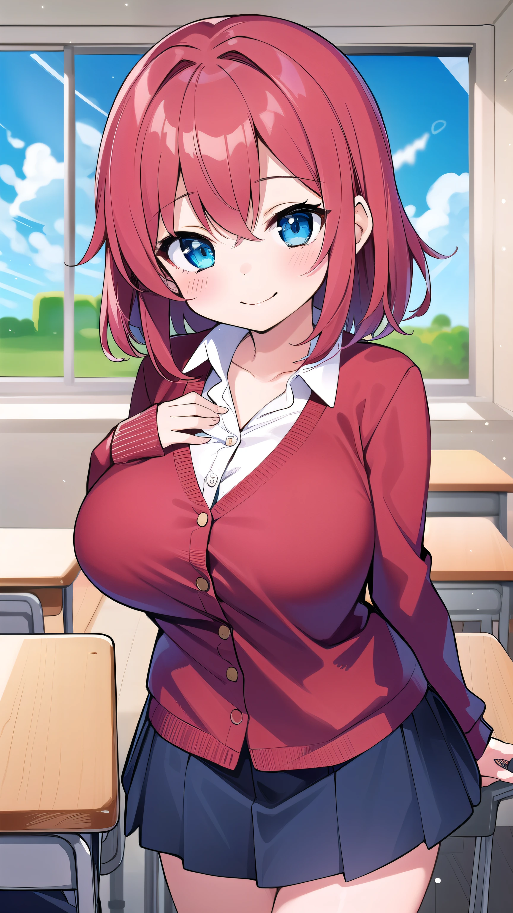 Big breasts, red hair, blue eyes, droopy eyes, red jacket, long sleeves, navy skirt, elementary school student, super big breasts, (medium hair: 1), baggy clothes, elementary school student, young face, short height, 10 years old, shy Agari, smiling a little, classroom, white shirt, soft hair,(topless :1.5), nipples are visible