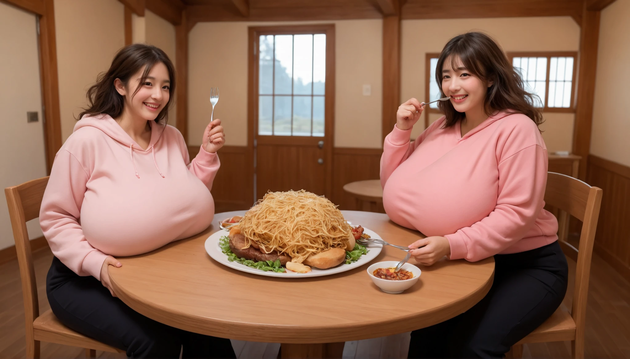 (((Very fat)))、1 female、Fat belly、Eating a big pizza、In the living room、In plain clothes、