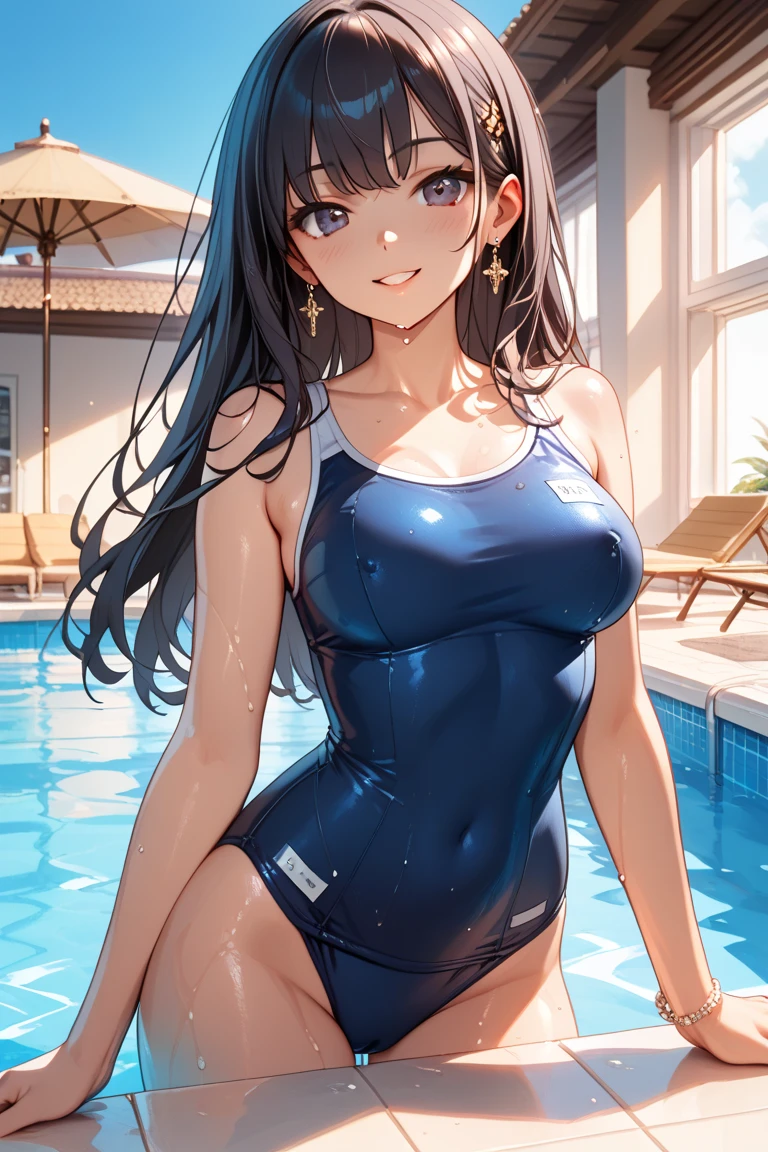 (Perfect hands, Perfect Anatomy:1.4), Satin Ruiko, alone,(Navy school swimsuit:1.5),(A neat figure,thin:1.4),(Hairstyle is a princess cut..:1.5),(Black Hair:1.4), blue eyes, (Black Hairの:1.4),(Black Hairの:1.4),Long Hair,(Straight long hair:1.4), hair ornaments, (1 white flower decoration:1.4),(tsurime:1.4),(Sitting),(Broke up_lips:1.4),(Hime cut:1.4),(Large Breasts:1.4),(Put your hands behind your head:1.2), (Wicked Smile:1.4),20-year-old,(Wet:1.2),Sit on, (View your viewers:1.3),(View from below:1.3), (Pool,Poolサイドで:1.4),(Dazzling sunlight,summer:1.4)、 break (Hime cut:1.4),(masterpiece:1.5),(Extremely accurate details,Ultra-high resolution:1.4),Highly detailed CG Unity 8k wallpaper,(Realistic,Photorealistic,超Realisticな:1.5),(curve,model,Glamour:1.5),Beautiful breasts,color_aberration,Beautiful detailed shadows,Beautiful Eyes,Beautiful body,Beautiful Skin,Beautiful Hands,(Aesthetic Anime Eyes:1.4),(figure:0.8), (Beautiful attention to detail:1.4), Highly detailed face, Perfect lighting, Highly detailed CG, (Perfect hands, Perfect Anatomy:1.4),