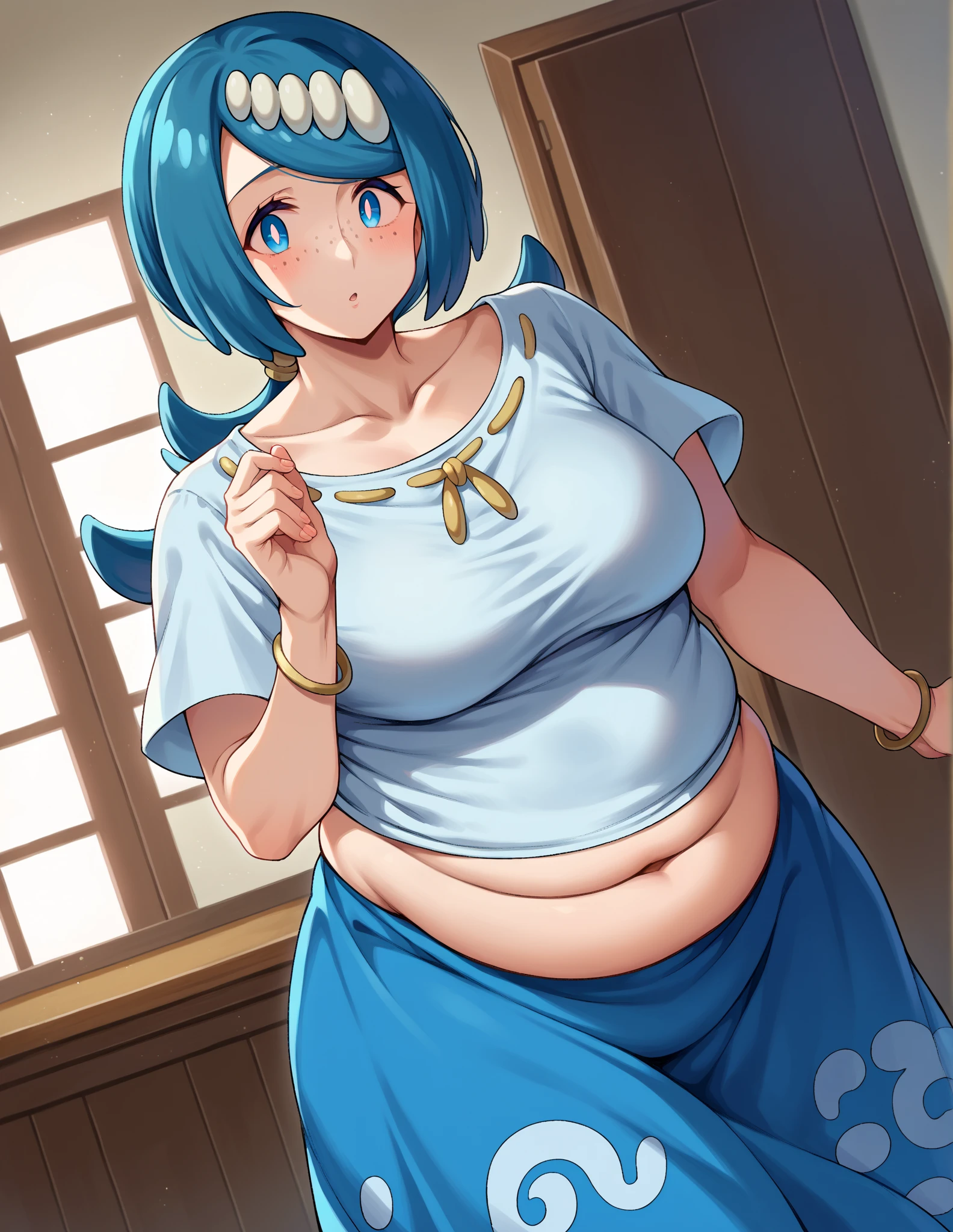 A sexy girl, beautiful beauty, light blue hair, her big round blue eye, light pink lip, she wears a white sleeveless shirt, shows her navel, and a long blue skirt with a long heel, black hair, wearing a pussy. 