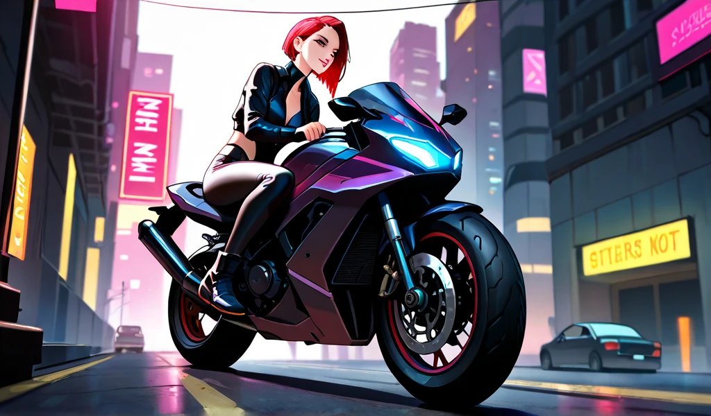 a sexy female motorcyclist is speeding through a scifi wormhole