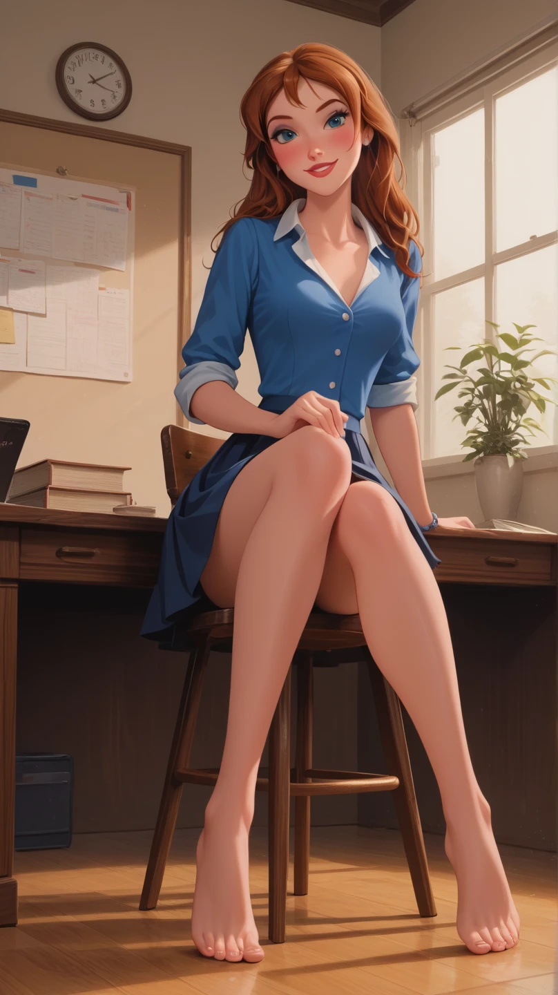 (masterpiece:1.3), detailed color photograph, beautiful secretary, seductive, 26 years old,  light brown hair, messy bun,  (tiny) breasts:1.6, flat chest:1.1, puffy areolas:1.2, beautiful legs:1.2, tight fitting white body with spaghetti straps, pale yellow mini-skirt, blue ((high-heel)) sandals:1.1, upskirt:1.1, modern office:1.3,  computer, sitting on a desk, intricate, realistic:1.3