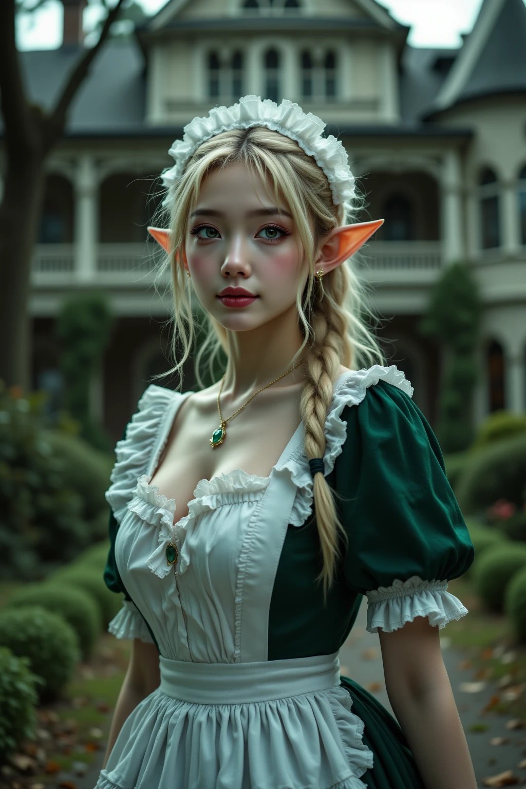there is a woman in a dress that is posing for a picture, melanie martinez, crybaby, fairycore, realistic nymph, nymph girl, she has elf ears and two rows of blue eyes, glamourous cosplay, portrait of a fairy, hyper realistic, hyperdetailed fantasy character, forest fae, pink skin. studio ghibli