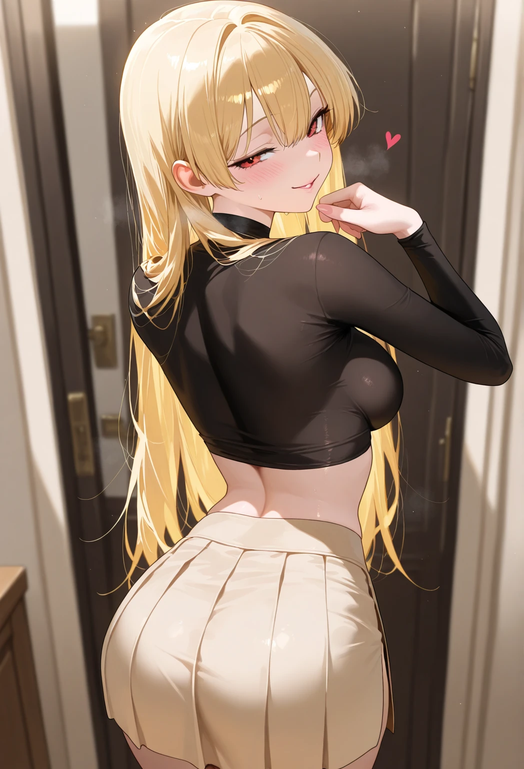 A beautiful and glamorous woman with long blonde hair tied into a ponytail with a scrunchie, wearing red Boston-type glasses, brown eyes, small silver earrings, light brown blush on her cheeks, thin lips, an off-shoulder pink shirt, and a camel-colored mini skirt. Next to her stands a handsome man with natural black hair, gray eyes, thin lips, small gold earrings, a black collarless shirt, white slim-fit pants, and sneakers. They are in a high-definition, fantastical love romance scene with natural light, a shining moon reflecting off the sea surface.