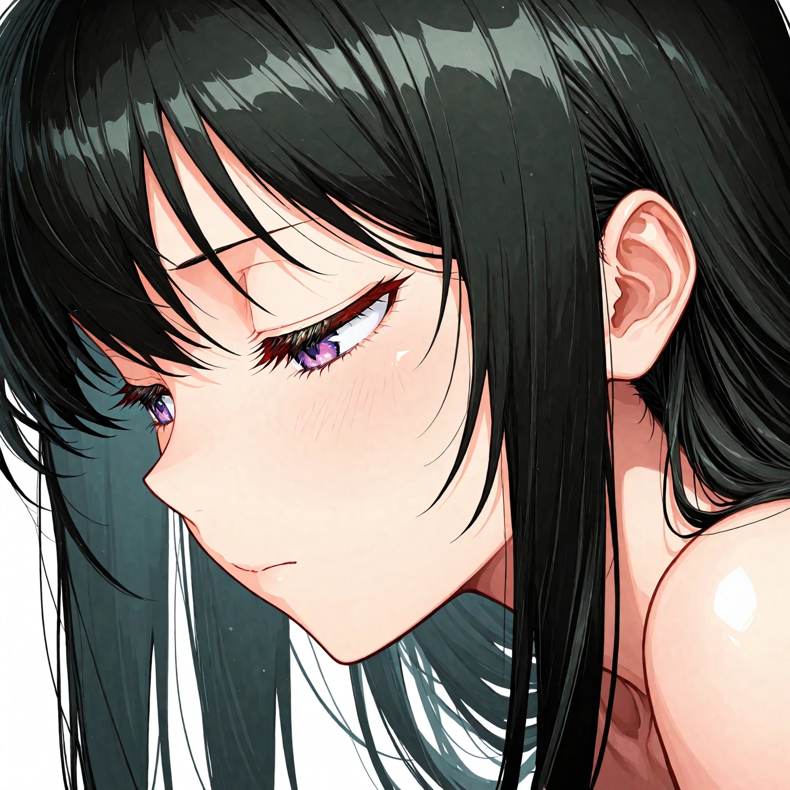 {8k image}, beautiful woman, 27 years old, big black hair, crying in the rain, city background raining at night, {face portrait}, full focus on the face, lineart, monochrome