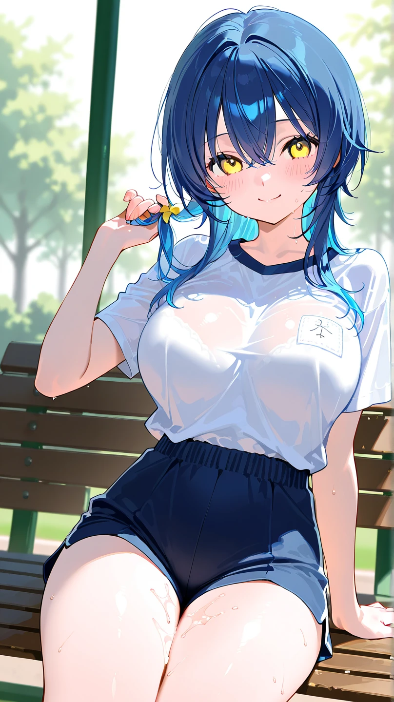 1girl, bunny ears, rabbit ears, very short hair, pixie cut, blue hair, purple eyes, light smile, fang, ((fang)), large breasts, thick thighs, gym uniform, shirt, white shirt, short pants, blue shorts, standing, toned
