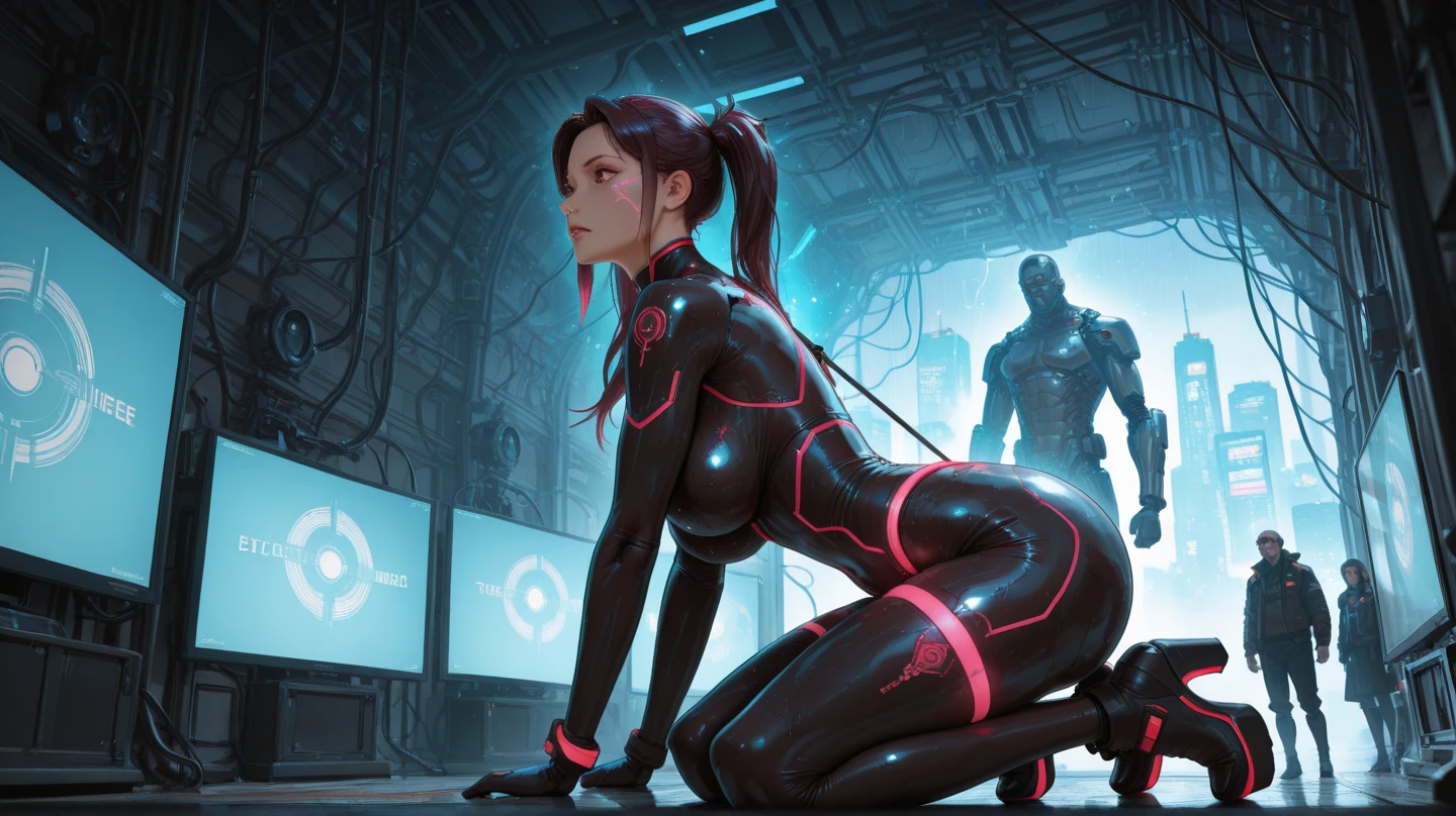 (absurdres, highres, ultra detailed), (a cyberpunk gunsmith in her workshop), huge breasts, strong, a little dirty, solo, mature, cinematic light,(machine made joints:1.2),((machanical limbs)),(vessels connected to tubes),(mechanical vertebra attaching to back),((mechanical cervial attaching to neck)),(sitting),expressionless,(wires and cables attaching to neck:1.2),(wires and cables on head:1.2)(character focus),science fiction