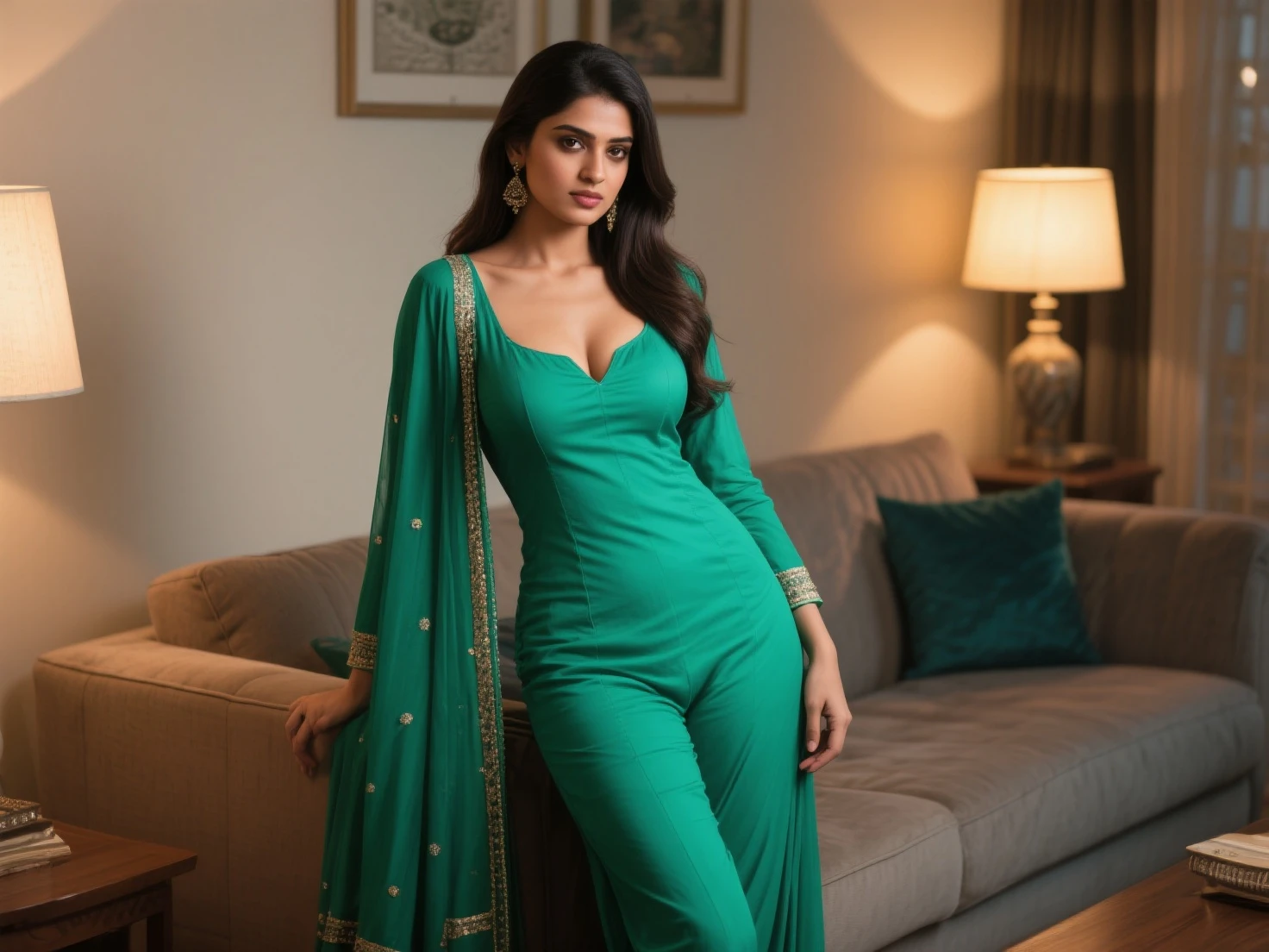 Create an ultra-realistic image of a modern, attractive female influencer of Indian descent, aged between 27 to 30. She should have a warm and inviting smile, expressive almond-shaped eyes with a slight shimmer, and clear, glowing skin with a medium brown complexion. Her features should be well-defined, with high cheekbones and a sharp jawline. Her hair should be long, thick, and wavy, with a natural shine and bounce, styled in loose waves, and colored a deep, reddish-purple hue that’s bold yet sophisticated. She should have a slender yet athletic build, reflecting a healthy and active lifestyle, with a medium bust size (44-46 inches) that offers versatility in fashion. She is wearing a mint green chiffon Patiala salwar suit with a boat neck and delicate lace detailing, highlighting her toned figure. Her outfit is completed with stylish black heeled sandals that add elegance to her look. She accessorizes with subtle yet chic jewelry, such as small hoop earrings and a few thin bangles. The background should be an elegant bedroom with mint green walls, a canopy bed draped in soft green fabric, and gold accents, suggesting a luxurious and serene environment. Her overall appearance should exude confidence, approachability, and sophistication, capturing the essence of a contemporary Indian fashion influencer.