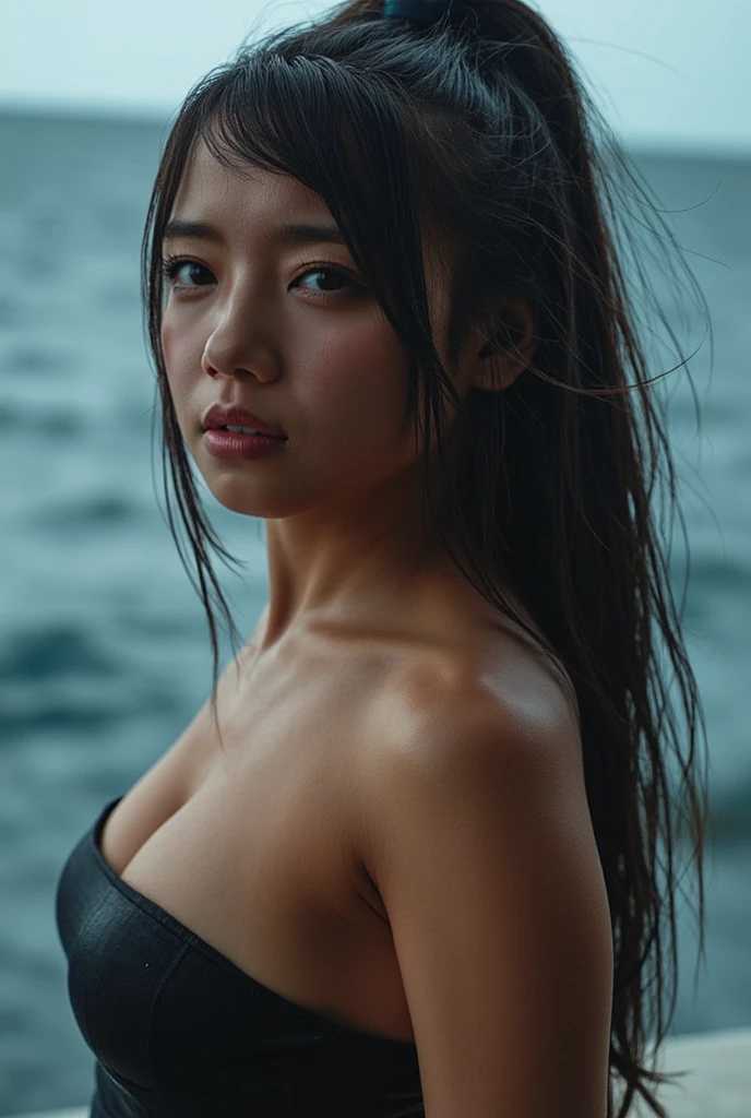 (Summer beach、Walking along the beach、Walking on the beach side:1.2、Resort、blue sky、Beautiful sea)、((Black Bikini、Bikini Tops、Abdominal muscles)、(Sweat pants:1.3)、Sandals、Big Breasts)、the wind is strong、(Realistic、Like a photograph、Live Action、8K, Realistic, RAW Photos, Best image quality: 1.4), Single-lens reflex camera、RAW Photos, Highest quality, Realistic, Highly detailed CG Unity 8K wallpaper, Written boundary depth, Cinematic Light, Lens flare, Ray Tracing, Realistic background、((ultra high density skin))、 A teenage girl traveling in Okinawa,Cute Japanese、(whole body:1.5)、Super detailed face、Kissing Face、Facial expressions that want to kiss),avert your eyes:1.1、(Silver inner color hair、Straight Long Hair:1.2、My hair flutters in the wind:1.4)、I like that style、stylish、Very detailed、Pay attention to the details、Perfect outfit、(Sunburned skin)、View from below、Accurate hands、Accurate legs、Detailed hands and fingers、Anatomically correct body