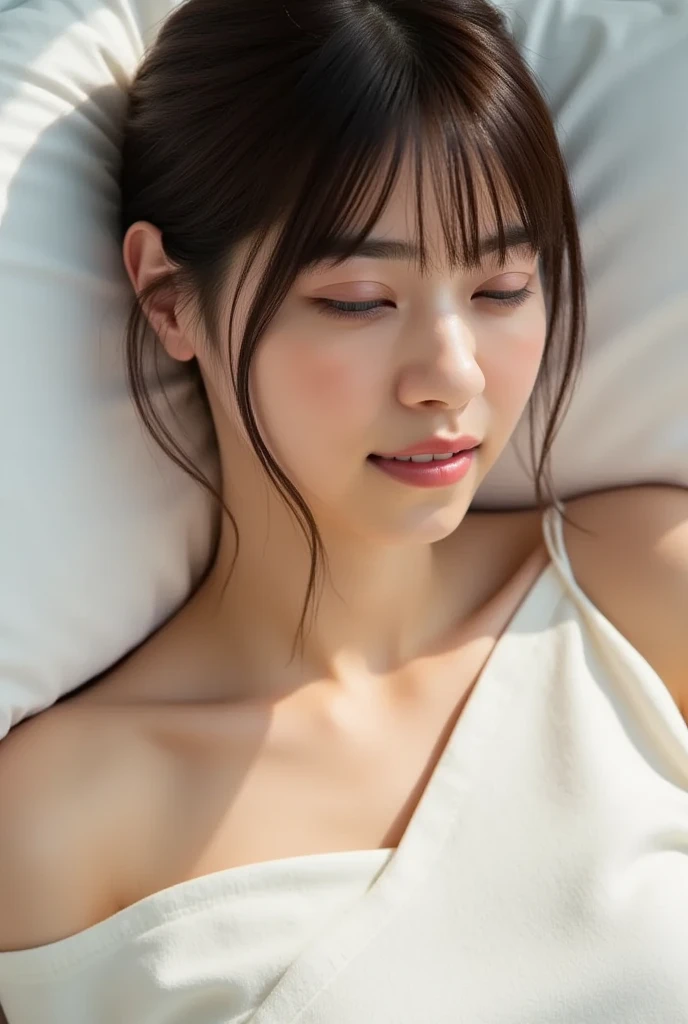 Japanese girl with short brown hair and closed eyes,Sleeping in bed, She puts her hands on her head, Lying on your back gives you a sense of relaxation and comfort,Cute Smile,Big breasts in a plain white shirt,Her hand lightly touched the soft pillow beneath her.,Half-body photo,The camera is shot from an oblique angle,((Highest quality)),((masterpiece)),hard edge lighting, Professional, super high quality, 4K,(masterpiece, Highest quality, 8k, ultra High resolution, High resolution:1.4), Very detailed