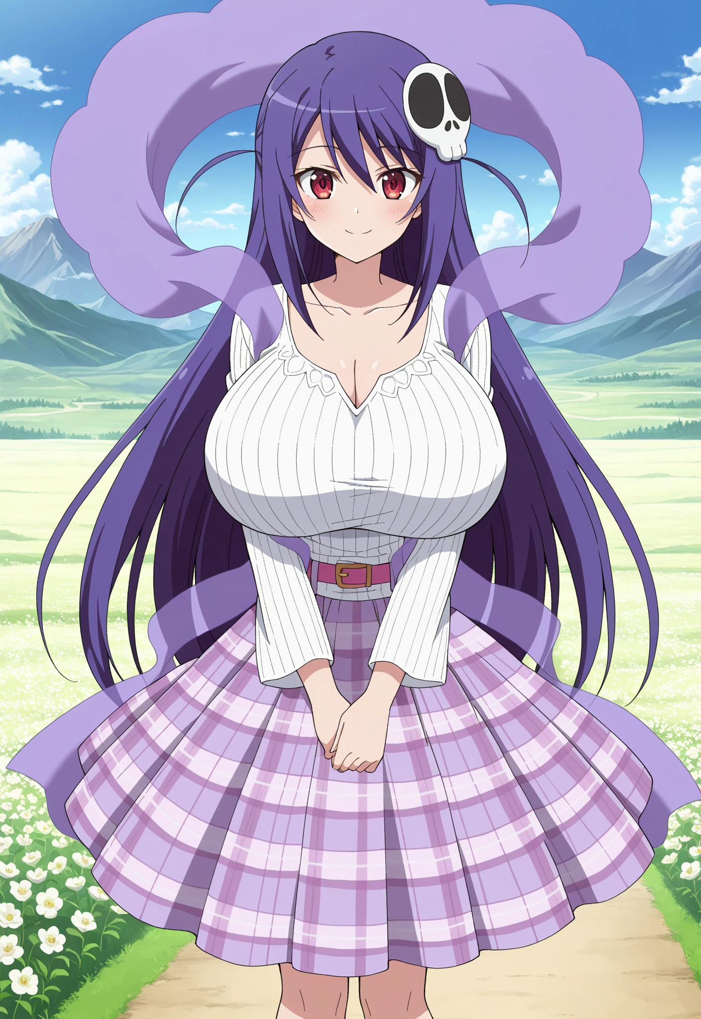 masterpiece, best quality, valkfreya, green eyes, white dress, sleeveless, long dress, huge breasts, lipstick, standing, cowboy shot, sky, clouds, wheat field, sunset, floating hair, looking at viewer <lora:valkfreya-nvwls-v1:0.8>