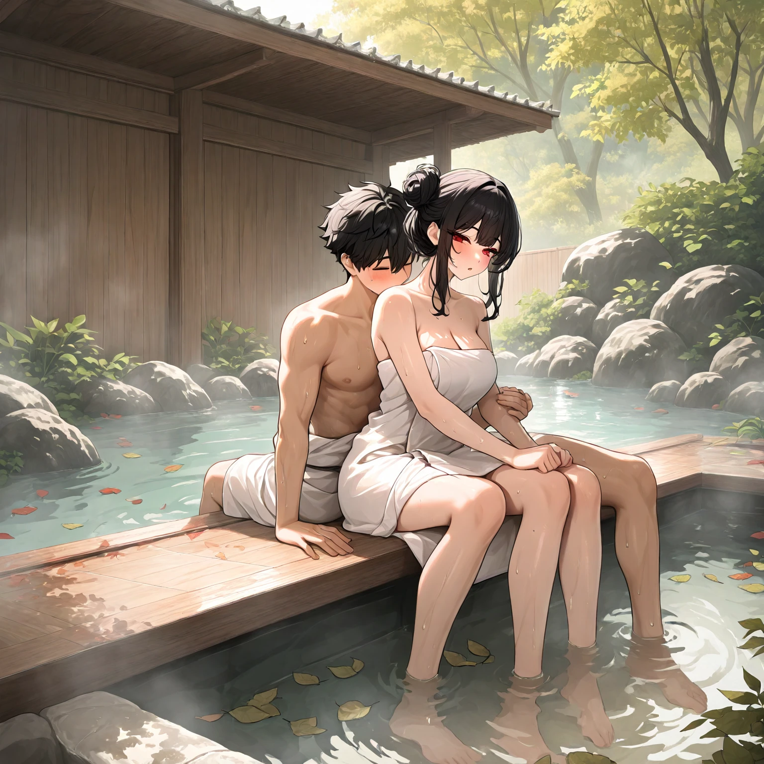 A couple is romancing across the camp on the mountain. The women are without clothes and have big hips. It is night and a fire is burning.