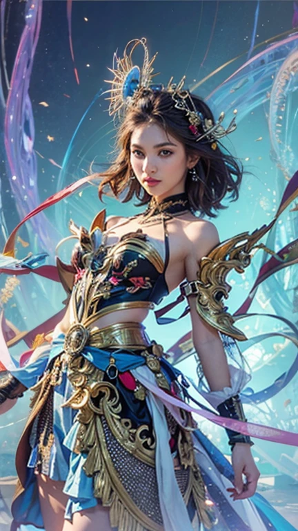 Vibrant colors、((​masterpiece)))、(((top-quality)))、((ultra-detailliert))、(A hyper-realistic)、(highly detailed CGillustration）、Official art、Vienna at the beginning of the 20th century、Decadent、Madame Papillon、Masquerade、refinement、Elegance、Gorgeous、Gorgeous、Masks that cover most of the face、Colorful and detailed mask design、matchless beauty、Fans、Gorgeous Cocktail Dresses、jewely、Perfect Angle、perfect-composition。full body Esbian