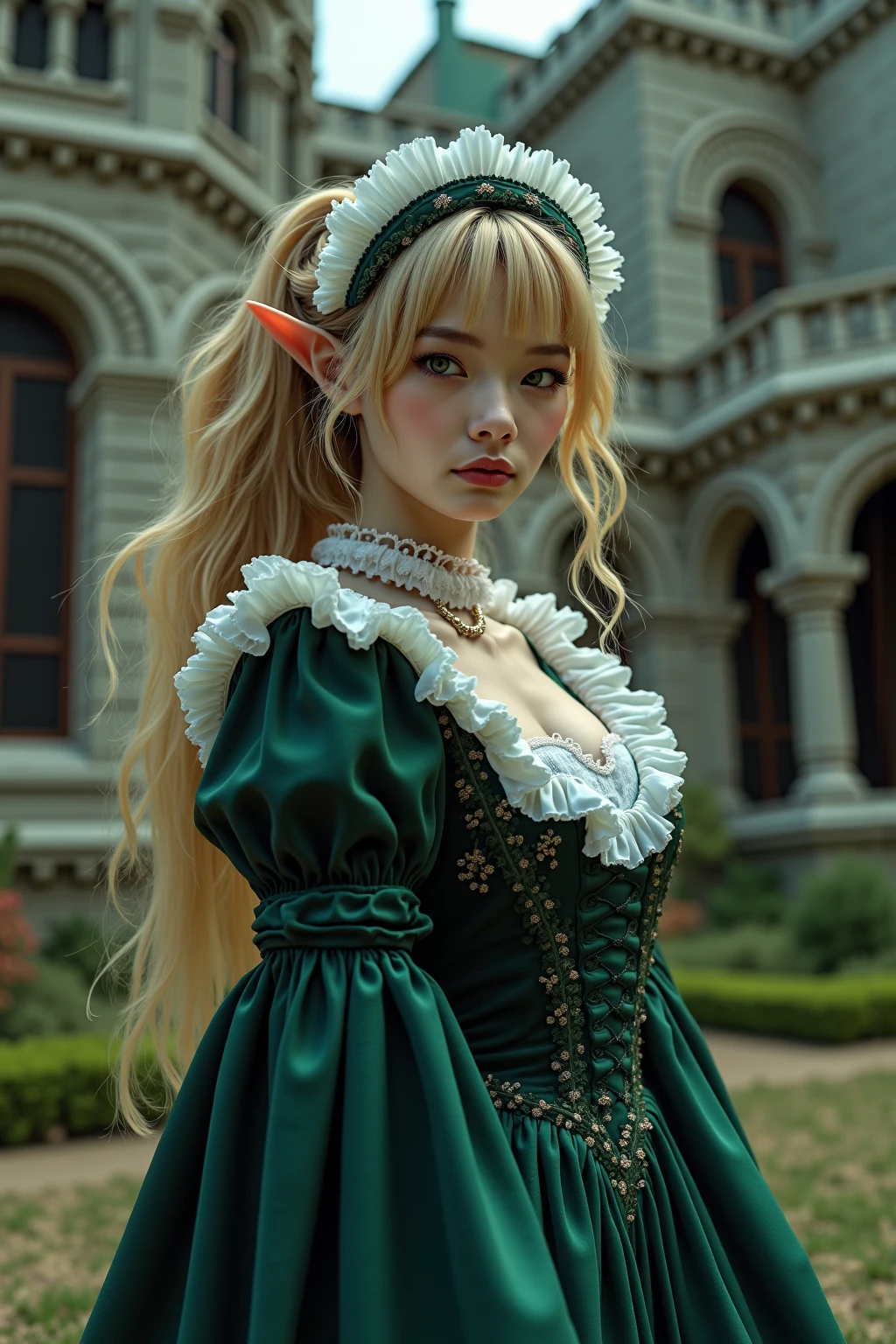 Hyper-realistic digital art, young woman with pink hair on Yellow Brick Road, low angle view. Reimagined Oz-style dress: blue corset bodice, low-cut neckline, mini skirt in sheer layers, ruby-red sequined hem. Curve-hugging silhouette, gauzy sleeves. Giant red poppies and yellow flowers frame scene. Winding Yellow Brick Road overhead, distant Emerald City. Golden magical lighting. 8k resolution, vivid colors, highly detailed. Style of Wizard of Oz movie.
