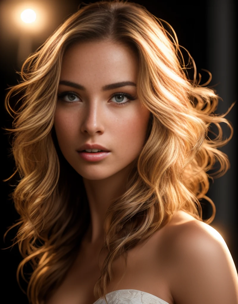 beauty model, perfect model, intricate, golden hair, wavy hair, extra long hair, perfect face, upper torso, side view, perfect angle, realism, perfect eyes, brown eyes, glowing skin, translucent skin