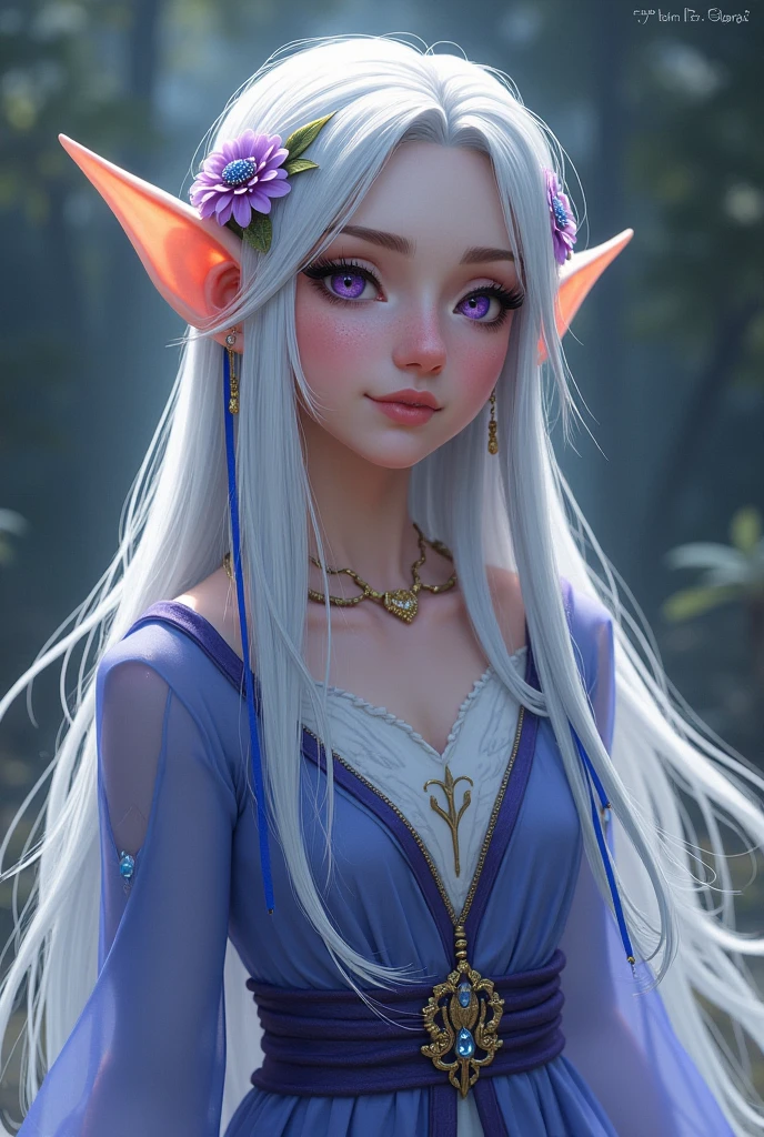 ((in full height)), The woman, A Young Face, curly hair, (pink hair:1.3), lilac eyes, radiance, hair in a bun, white spots on the face, (Elf with pointy ears), calm face, endearing smile, enchantress, magical confident pose, (White Elven Dress, Silver details, long sleeves, tapes:1.3). (silver bracelet on wrist). Fantasy, Ultra Detailed, 电影灯光, painting, Iconography, Full-HD