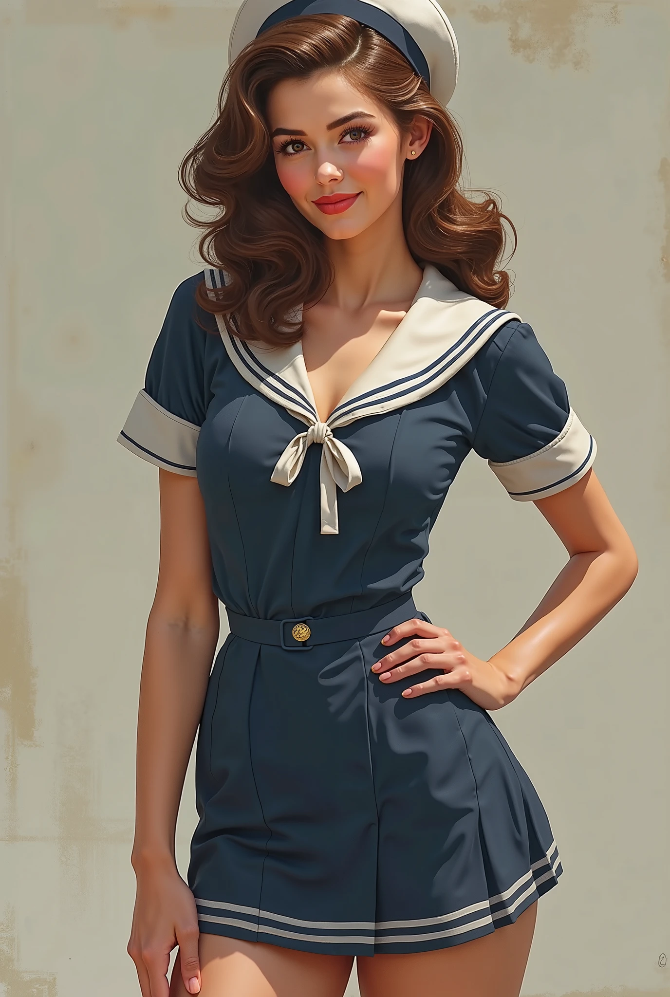 full body portrait of Betty (styled in a (1940's Sailor Dress:1.5), (highly detailed:1.3):1.3), (highly detailed face:1.8), (1940's Pompadour Hairstyle:1.3), (slim body, (large breasts:1.3), small hips:1.5), (leaning back on the bar:1.5), (background sidewalk downtown New York City 1940:1.4), (soft studio lighting, volumetric shadows), JCH Street Pan, ISO 100