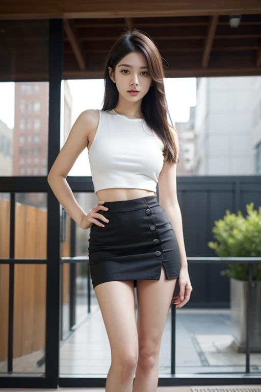 8K, Masterpiece, Raw Photo, Highest Quality, Photorealistic, High Definition CG Unity 8K Wallpaper, Depth of Field, Cinematic Light, Lens Flare, Ray Tracing, (Extremely Beautiful Face, Beautiful Lips), Beautiful Eyes) , face with intricate details, ((super detailed skin)) 1 girl, smiling, dark back, dark shadows, wearing a T-shirt, flared miniskirt, black pantyhose (realistic), long brown hair, ( Black eyes 1.1), Realistic face, Riding the escalator (Angle from directly below), Cowboy shot, Defenseless lower body, Dramatic lighting, Inside the room, Design: Kana Kurashina