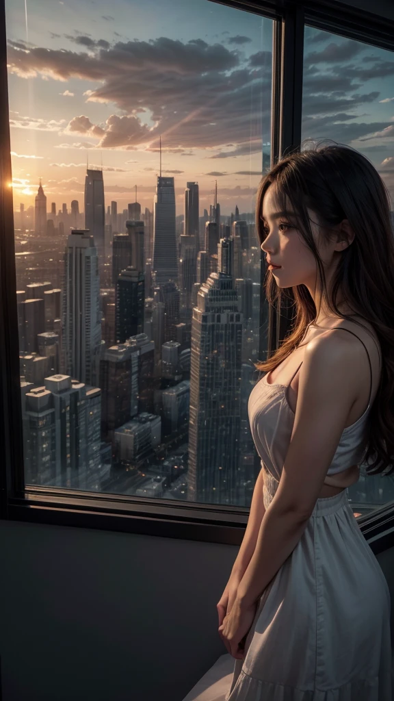 Tight knit tops、Gray tops、Night City View、by the window、Long、waved hair、a miniskirt、huge tit、Feather Bang、Big buttocks、Slim waist