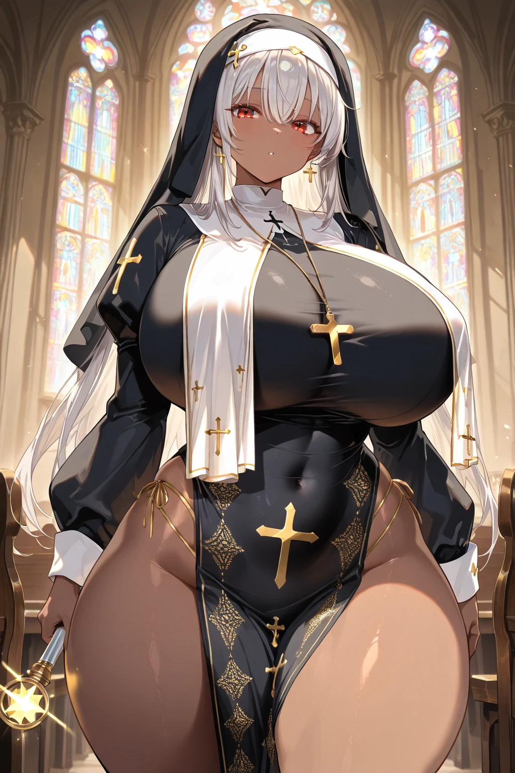 (masterpiece, best quality:1.2), 1girl, solo,dark skin,Nun,sweating skin,standing spilt:1.7