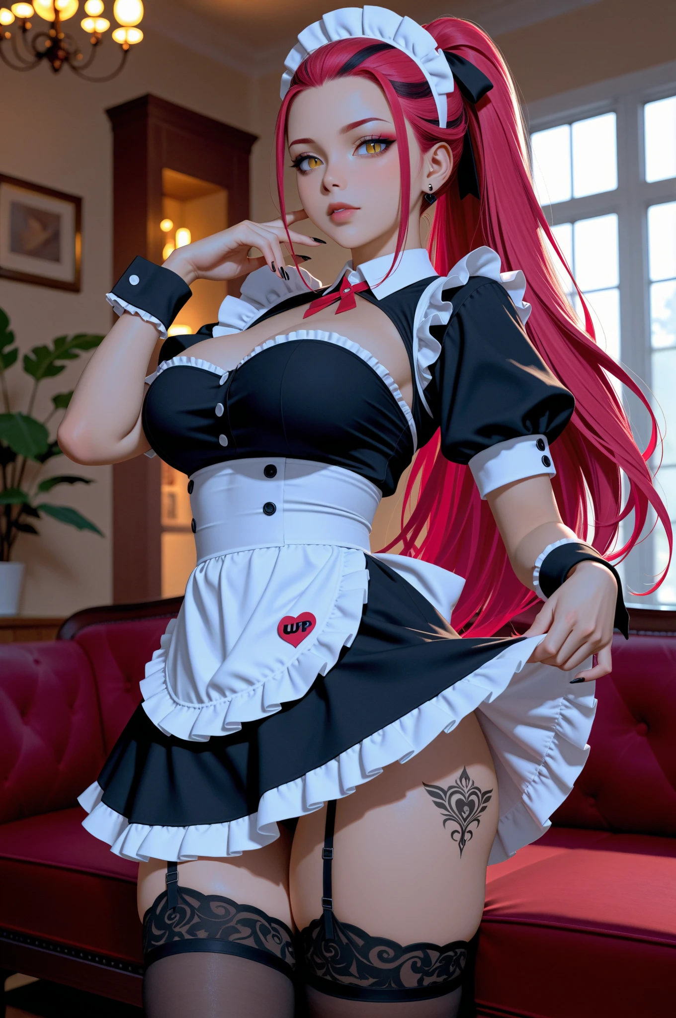 Solo, top quality, masterpiece, detailed background, very complex and detailed face, long eyelashes, detailed eyes, (high ponytail: 1.3), (red eyes: 1.ink hair and white mesh: 1.2), large cleavage, slim, red collar, skirt, tartan check, sweat, backstage, embarrassed look, angle from below, white sheer lace underwear, clothes torn, tears, open mouth, crying, stick out the tongue, cornered in the corner of the room, crouch down, open your legs