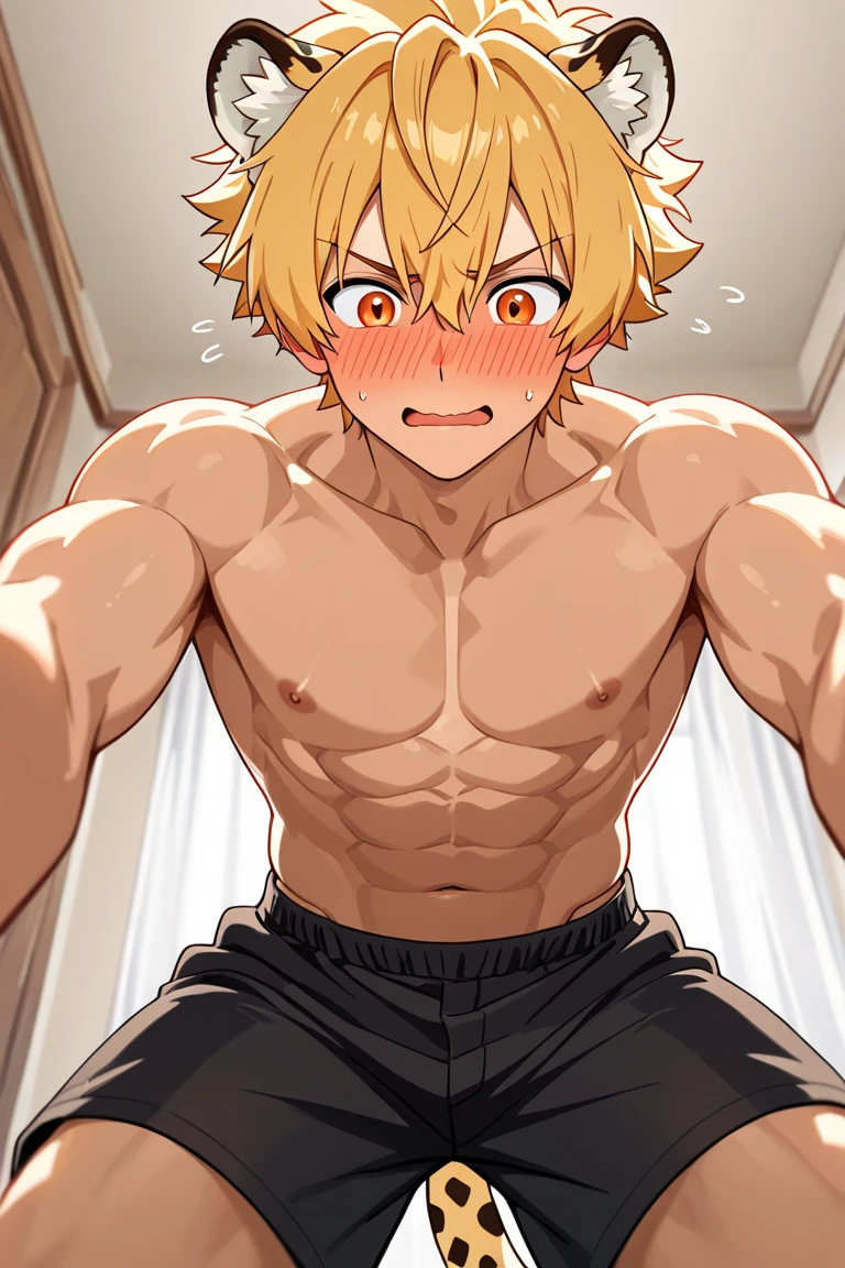 masterpiece, best quality red eyes, game cg, 1boy, solo, male focus, looking at viewer, upper body, bakugo katsuki, yellow longhair, tight red eyes, rushirtless, toned muscle, pectorals, 8 abs, toned legs, boxer briefs, slightly bulges, locker room, taking selfie, holding cellphone,