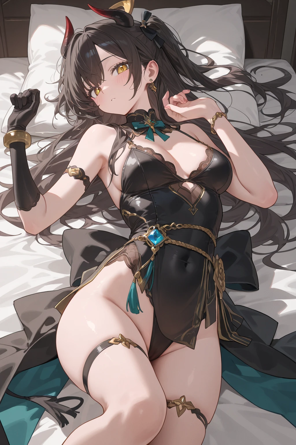 Highly detailed, long hair, yandere, perfect body. Perfect hands, sexy thighs, whole body. Few clothes show off skin, show off your stomach, ornate leg straps, cat ears, hearts.