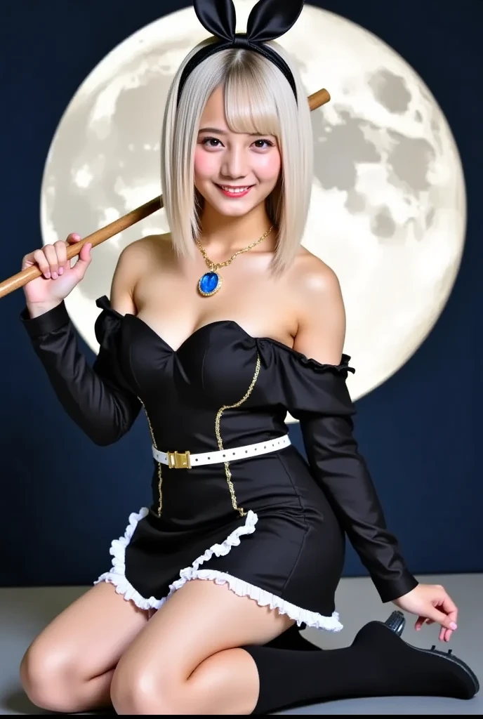 (masutepiece, top-quality:1.3), (Ultra detailed 8K cg:1.2), (Photorealistic:1.37), (Realistic:1.5), (Face Focus:1.2), (Happy smile:1.2), cowboy shot, looking in camera,
1 beautiful Japanese girl, 20 years old, Japanese Idol, (Blonde shoulder length straight short hair:1.4), (Colossal tits:1.4), (Narrow waist:1.2), Beautiful detailed eyes, eyeshadows, blusher、lip,super detailed skin, (Halloween, Witch:1.4), (Small earrings, Small bracelet, Small accessories:1.2), Jack-o'-lantern, Halloween Party, pumpkins, Gorgeous, Elegant, BREAK//Background with (Inside a neon-lit nightclub)