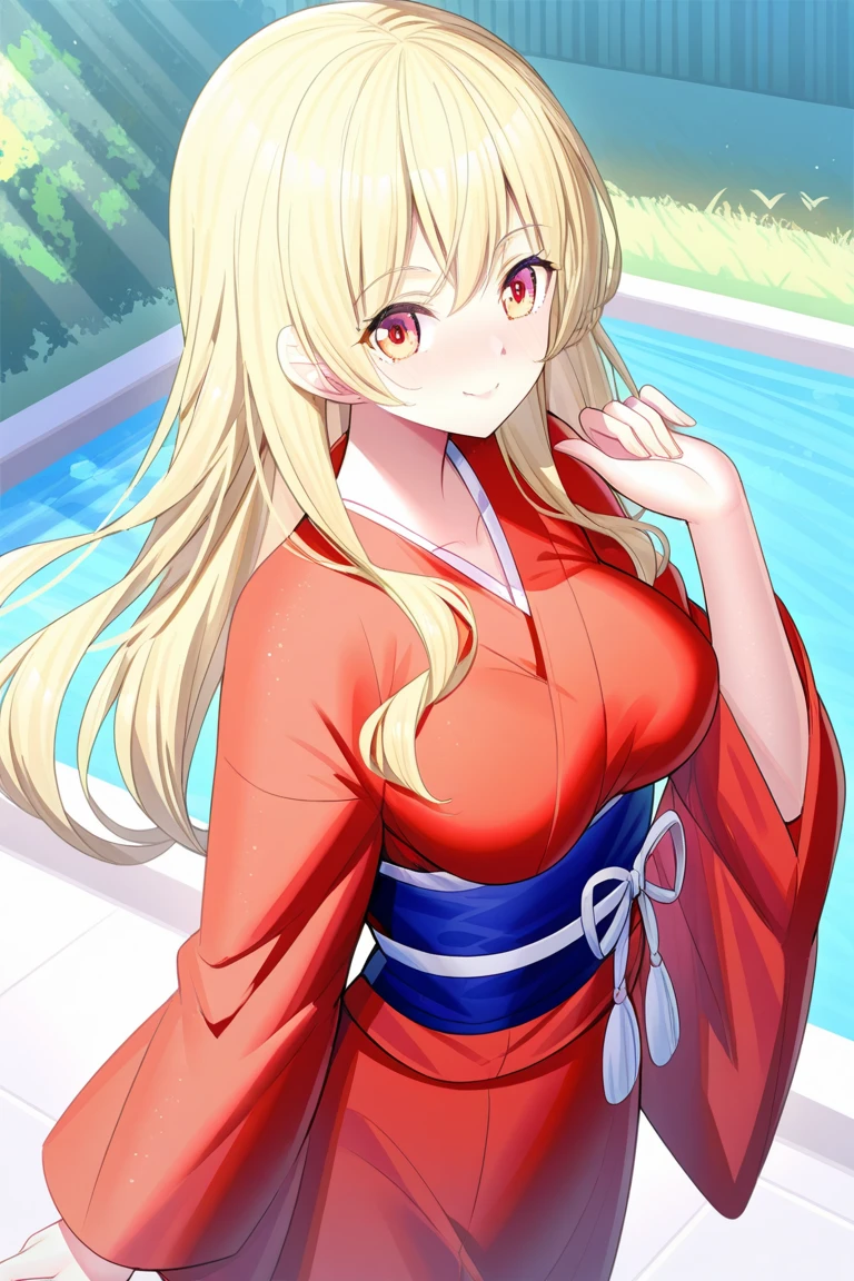 masutepiece, Best Quality, 1girl in、25 years old women, udder of medium size,, Curve, Perfect female body,Long Wave Hair、 Red kimono, Floral pattern, cleavage, clavicle, off shoulders, bending forward、hot spring town、Crouch Pose