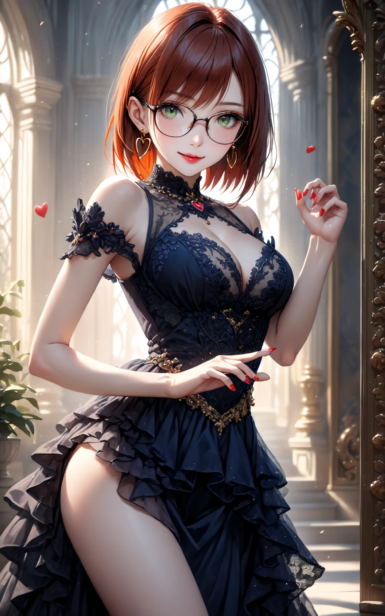 Orange hair, short hair, glasses, bob cut, hair clip, demonic horns, musical note hair ornament, tears, yellow eyes, orange eyes, heart earrings, rabbit ears, melancholy (expression), color ear, hiccup, depth of field, god rays, blurry, social media composition, pov, first-person view, perspective, emphasis lines, f/4.0, 16k, highres, anatomically correct, masterpiece, full dress, full nude, behaved, socks, long socks, very close, close-up, detailed, tail, cute ass, cute face, fire background, chaotic background