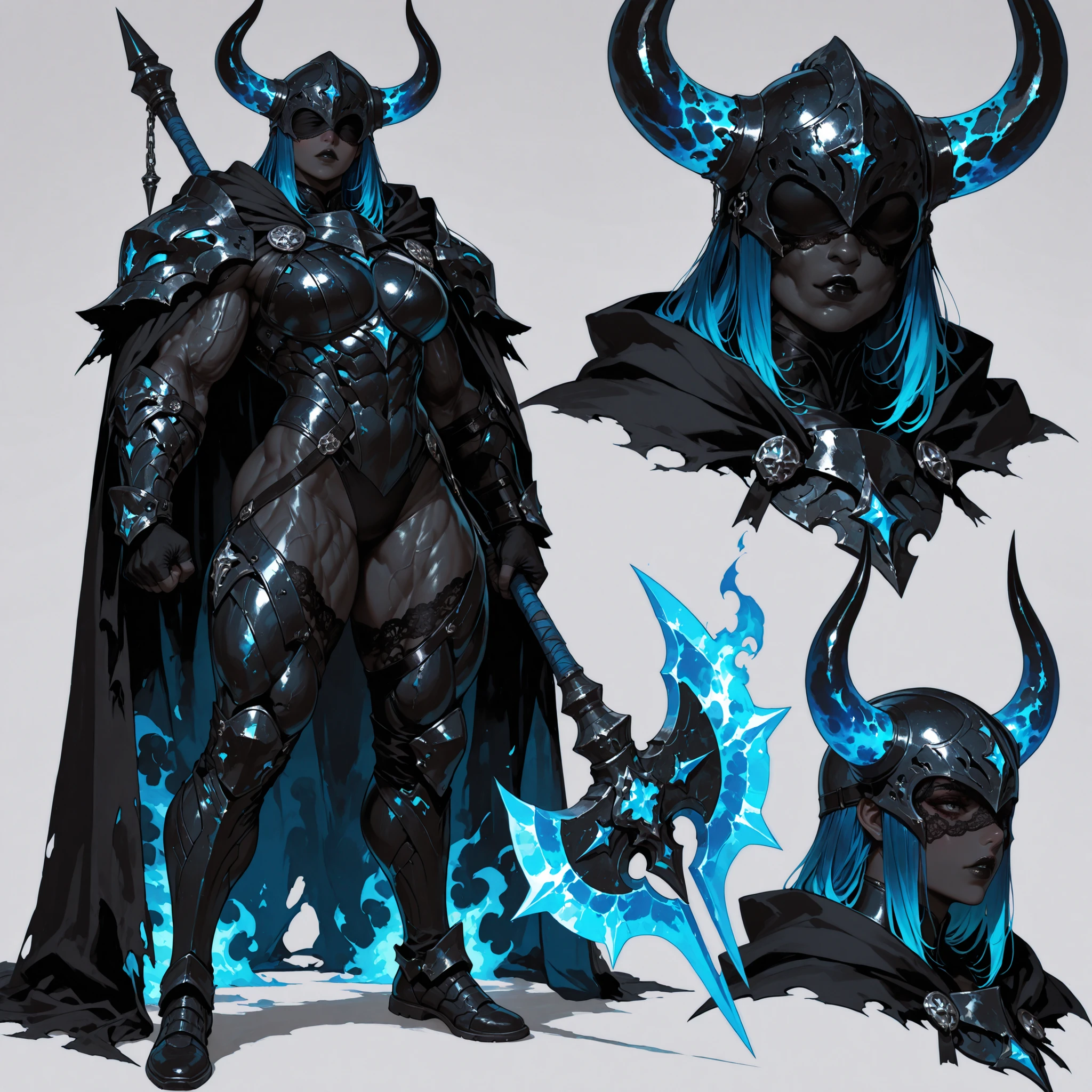 masterpiece,best quality,Ultra-detailed,multiple views,(reference sheet,character sheet),sharp edges,clear focus,full body portrait,1female_bodybuilder,busty black lips,dark_blue hair,black_skin,big muscles,very thick muscular body,thick arms,beautiful,Sexy lace blindfold,helmet with bull_horn,dark-knight,skin-thigh suit,(dark-gray and black armor),black cloak,holding a huge battle axe with glowing blue-fire, (simple_gray_background),super dynamic character poses,random poses and angles