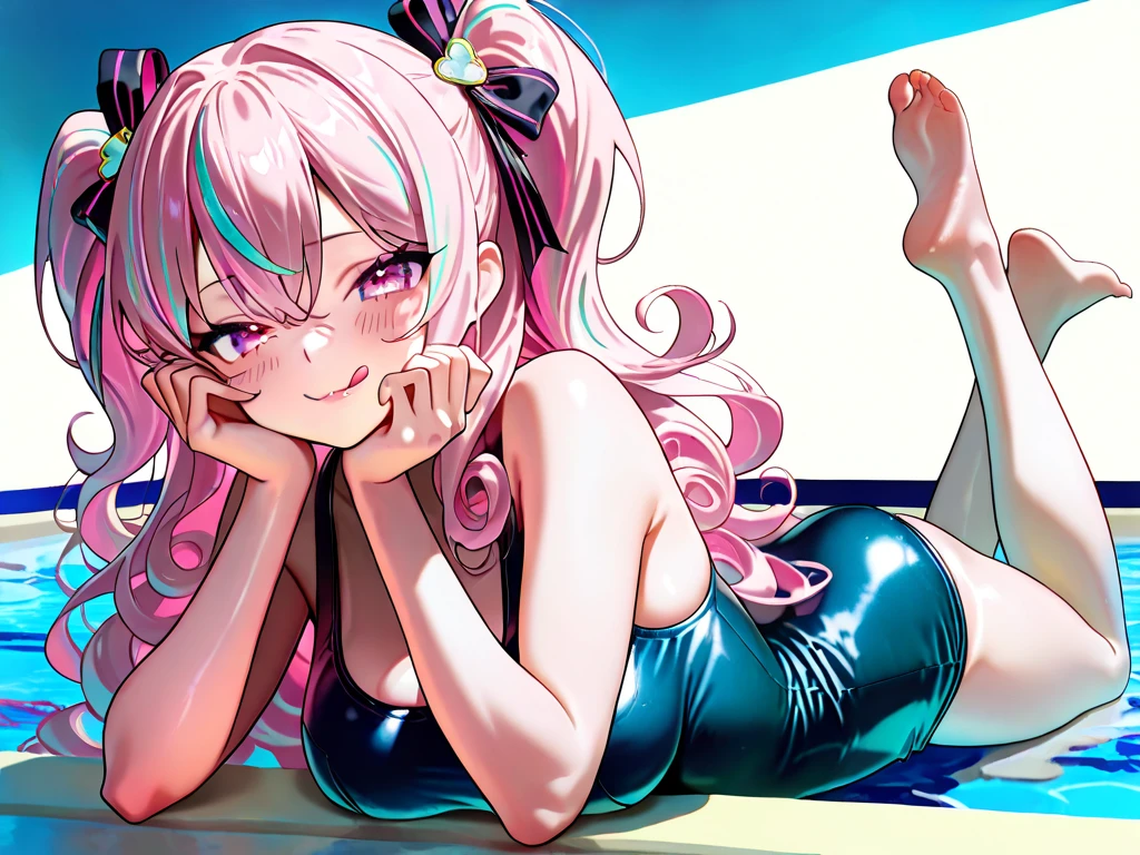 best quality, very aesthetic, Super detailed, best illustration, 1girl, one-piece swimsuit, bangs, pink_hair, blunt_bangs, hair_ornament, butterfly_hair_ornament, ribbon, black_ribbon, blue_eyes, blush, hair_ribbon, twintails, long_hair, nino, full_body, smile