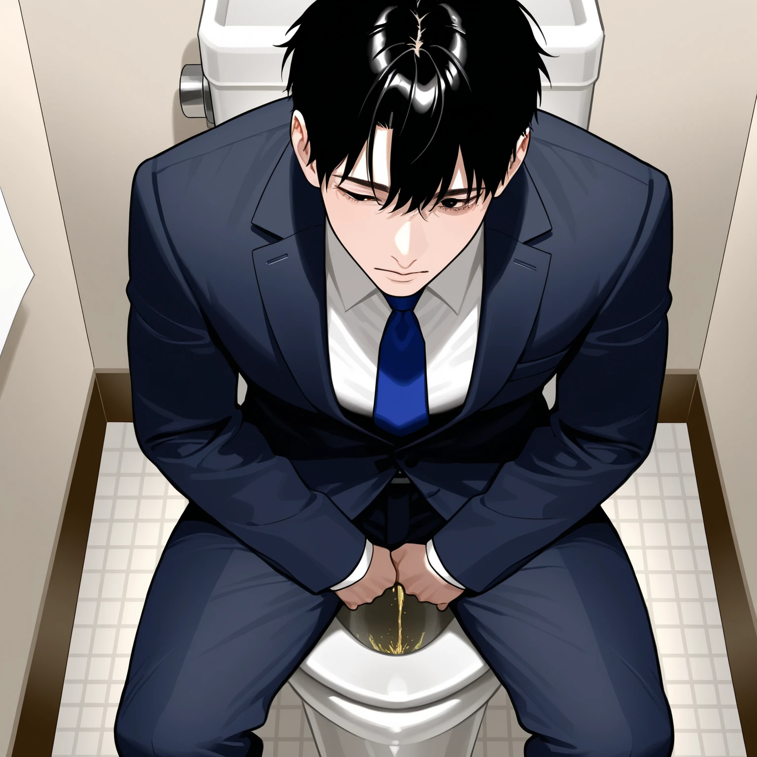 precise depiction、Best quality、Adult Male、Company toilet、Suit、I'm putting up with my pee、dark haired、short hair、Triple Eye、looks comfortable、office worker