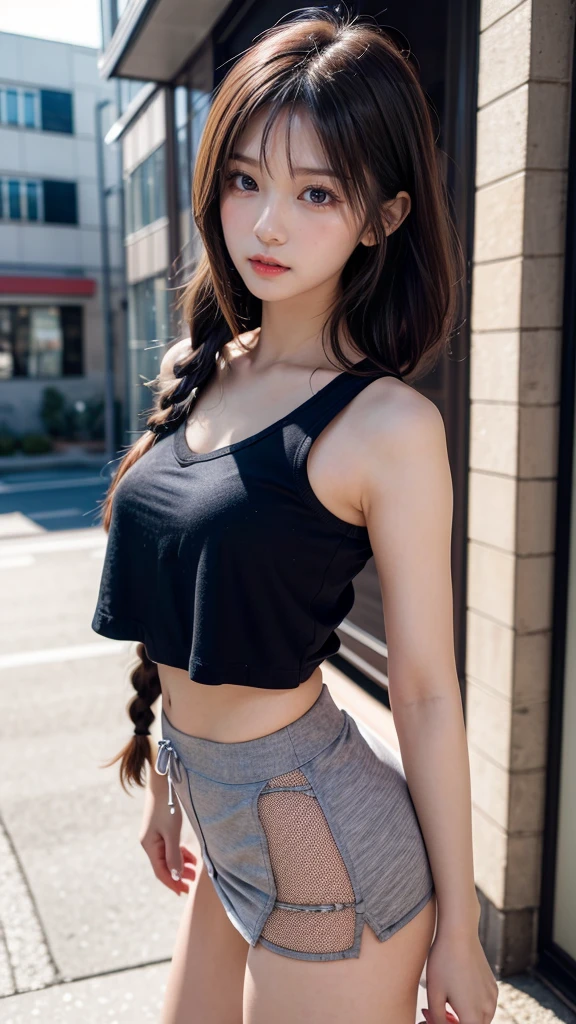 (8K, RAW photo, highest quality, masterpiece: 1.2), high quality RAW color photo, professional photography, cinematic light, alone, (((13-year-old girl)))), (raising arms, showing armpits) :1.3), (Very slim: 1.4), (Sharp features), (Small face), (Detailed skin: 1.2), Clavicle, Cute face, Beautiful figure, Girl turning around, (Black hair, long) Straight line ), tank tops, panties, sneakers, backpacks, confident attitude, capturing happy moments, charming thighs, (very nice to the touch: 1.2), peaceful atmosphere, bright colors, (standing: 1.5, convenience store, full body portrait), smooth texture, staring eyes, beautiful skin, shiny skin, ((perfect fingers, five fingers, anatomically correct)), background blur, high quality, surreal, ((highly detailed, photography)), blush, black hair, medium-long hair