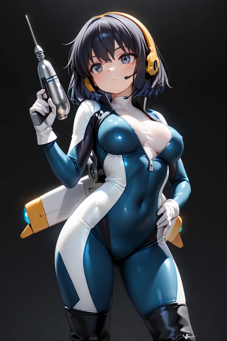 Girl, blue hair, big breasts, white transparent one-piece swimsuit, do the ground, split legs, shy