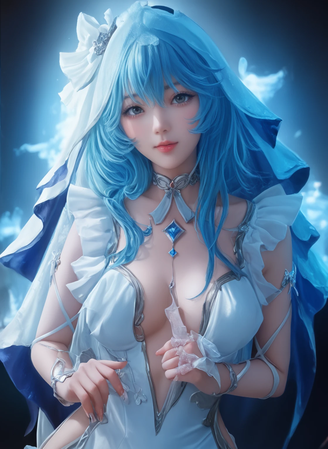 A girl with blue hair wearing a white robe,Looking down