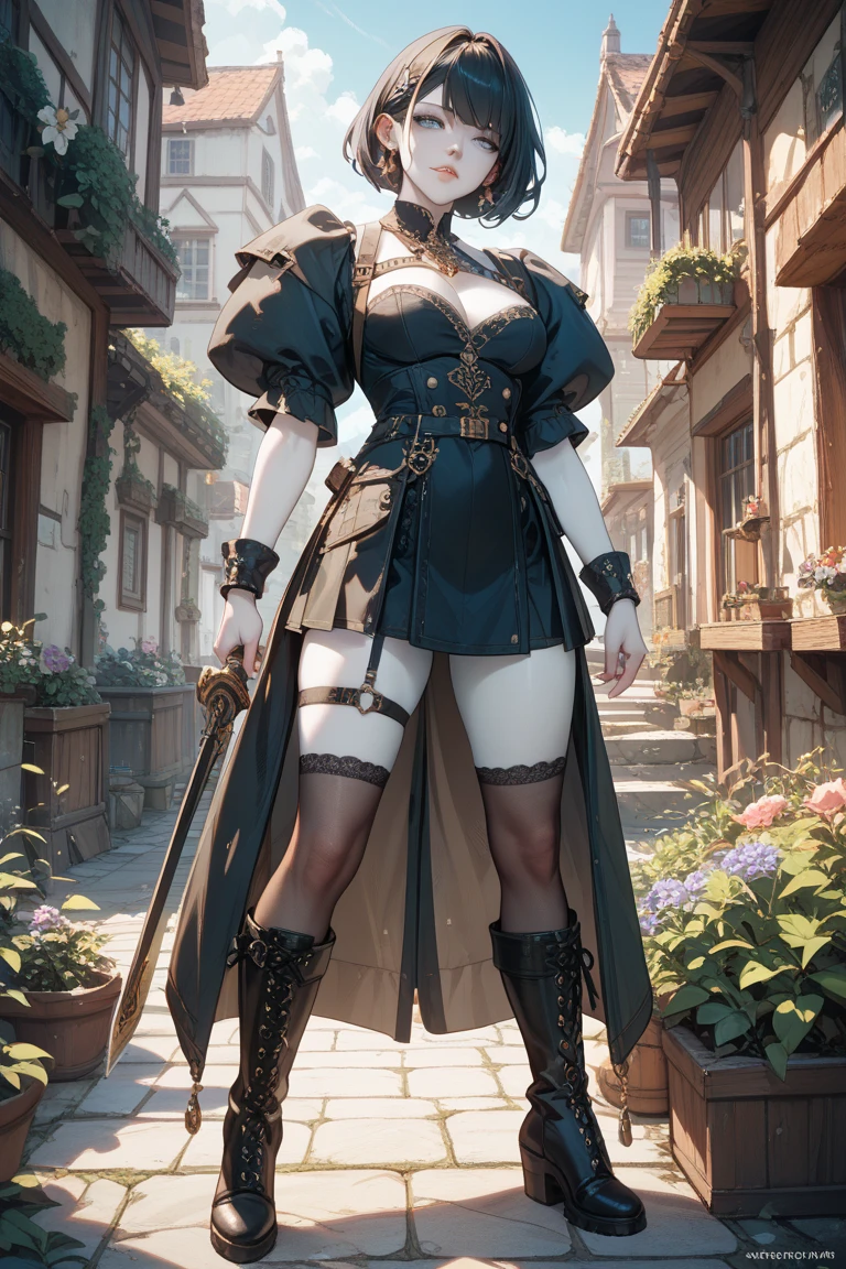(masterpiece:1.2, highest quality), (realistic, photorealistic:1.4), beautiful illustrations, (natural side lighting, movie lighting), looking at the viewer, Upper body, (Front view), 1 girl, perfect face, Cute symmetrical face, shiny skin, baby face, long eyelashes, (large breasts), (wide hips),beautiful hair, beautiful face, fine and beautiful eyes, beautiful body, beautiful breasts, beautiful thighs, beautiful feet, beautiful fingers,(beautiful scenery),(cute smile:1.2, upper grade),thighhighs,layered skirt,(Concealing the fact with a belt:1.5),((Sexy Bondage Cosplay:1.5)),