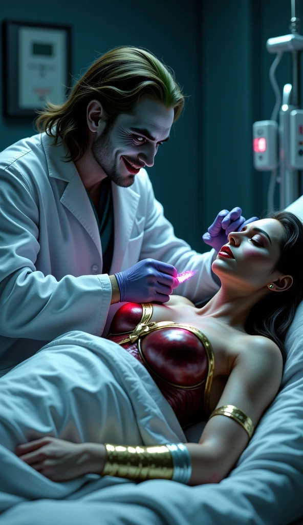 Vivisection scene, Batman dissecting a beautiful nude woman looks like Gal Gadot that lies down on a metal table in bat cave, open incision chest wound, bloodied, close up