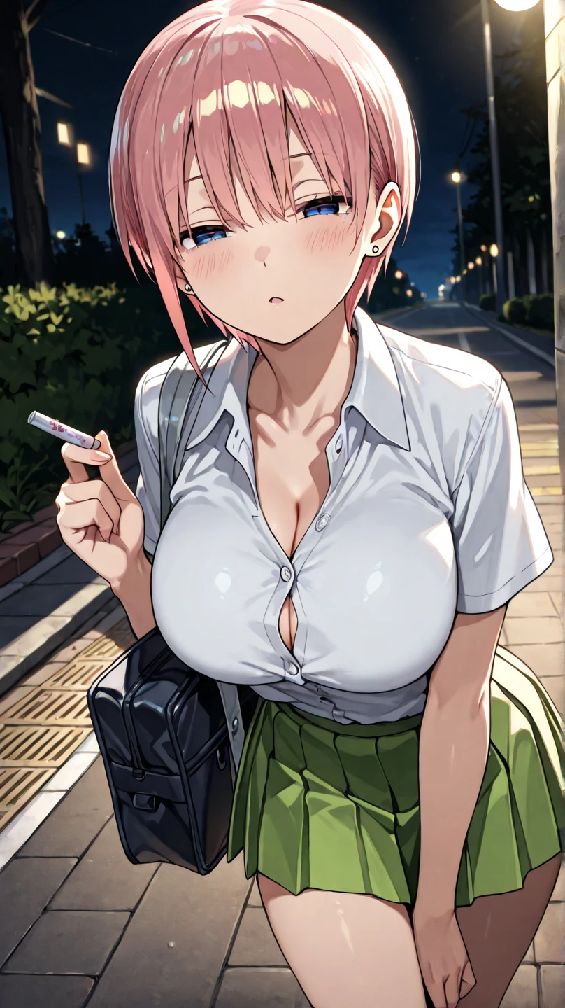 gasai yuno, white cardigan, black jersey, denim skirt, mini-skirt, collarbone BREAKS red eyes, breasts big, black choker, arms behind the back, plein-air, NSFW, masturbating, (big-ass)