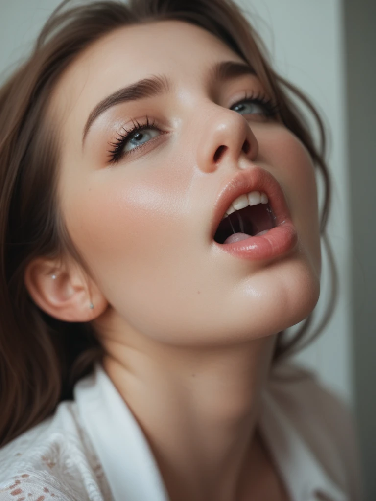 a close-up image of a beautiful woman, 25 years old, eyes closed, moaning,edgOrgasm,face focus,woman with edgOrgasm_face, mouth wide open, realistic skin, super defined and contoured lip contour, tanned Skin, beautiful face, no makeup, no eyeliner, no eyelashes, (eyelashes not be visible), (should not be visible), moaning mouth, voluminous lips, small eyes, super defined and detailed eyebrows, extremely symmetrical face, Hair tied back, extremely fine details, Ultra defined realism, ultra HD 8K resolution, extremely realistic and detailed skin, no visible shadows, defined eyebrows, substance painter render, (Hair cannot be in front of the face), 8k, best quality, masterpiece, realistic, ultra detail, photo realistic, hyper realistic, smoother lighting, increase cinematic lighting quality, realistic lighting, backlighting, brightening light, Increase quality, best quality real texture skin, close-up, slender, mystical background