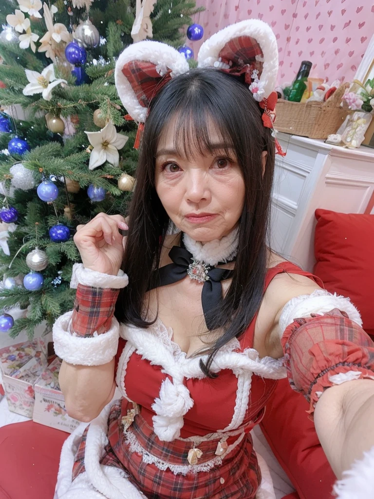 (hightquality、high-level image quality、hight resolution、8K、masterpiece)、Beautiful and mature woman、55 years old、a blond、Big、Smiling、((Micro mini bikini with ruffles in red and white Christmas colors:1.5))、((Dancing:1.5))、Old house、Jumbled background、(Messy room:1.3)、Sprinkled with flashy anime posters and photos and colorful toys