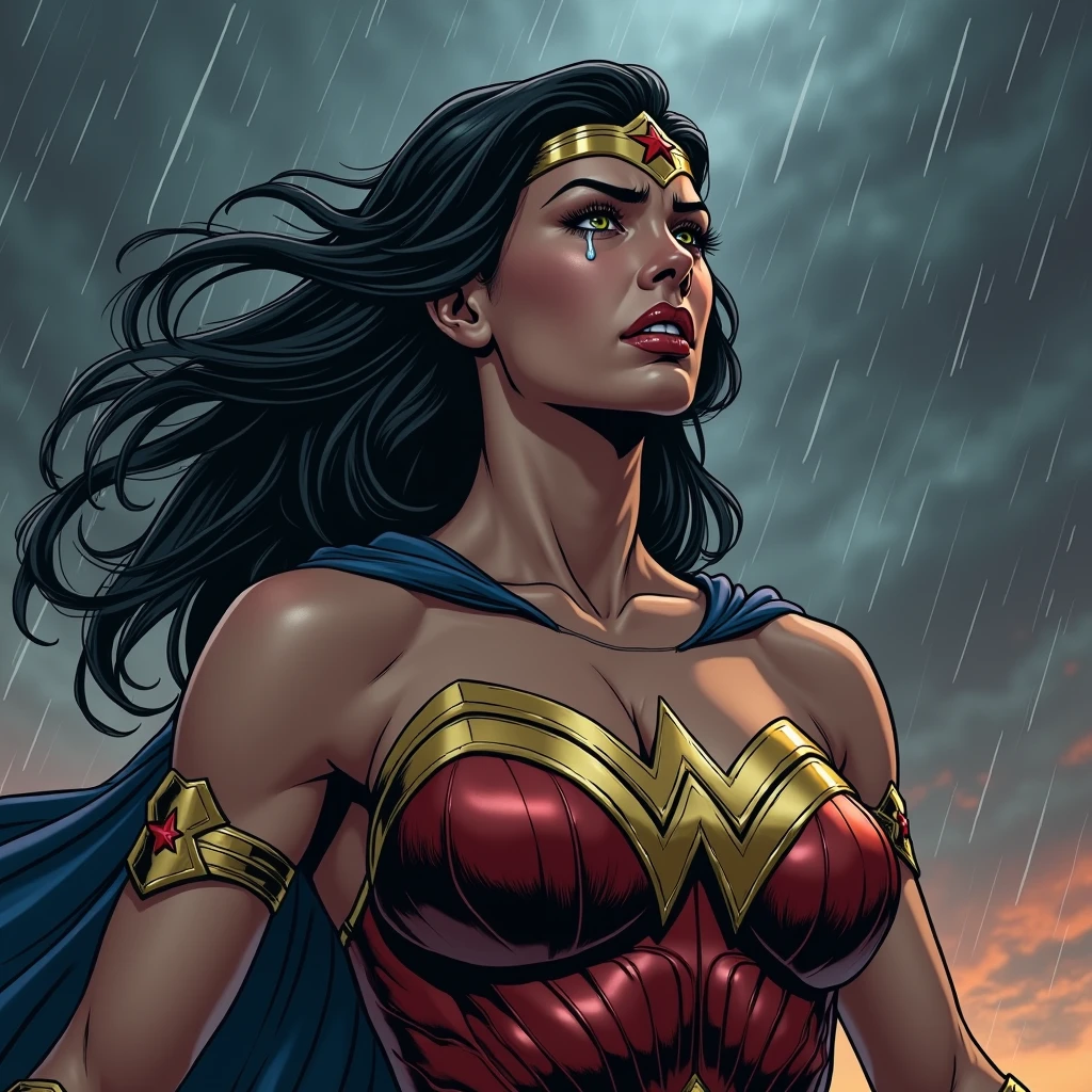 Very sexy picture, a girl, full body,
Gal Gadot playing the city Wonder Woman, full body picture, very beautiful face, seductive eyes, Smoky makeup,Dark eye shadow,Black eyeliner,Cry,Tears washed away Smoky makeup,Painful expression, her huge breasts as big as a watermelon, super big hips and ass, bikini uniform, Delicate face, rich environmental content, two legs plump and slender to seduce man, no shoes, legs apart, thong, outline clear camel toes, 1girl, beautiful girl, wonder woman, skirt, hanging, full body, (close eyes:1.3, weak, powerless, sleep), bruises body, (((shackles)), ((shackles and arms up, chain leads, metal collar, wrists tied)), bondage, slavery, restraint, (basemend wall backgroun, dirty, dark, creepy), best quality, masterpiece, arms up, comic style, cartoon source ,high quality painting, 8K,